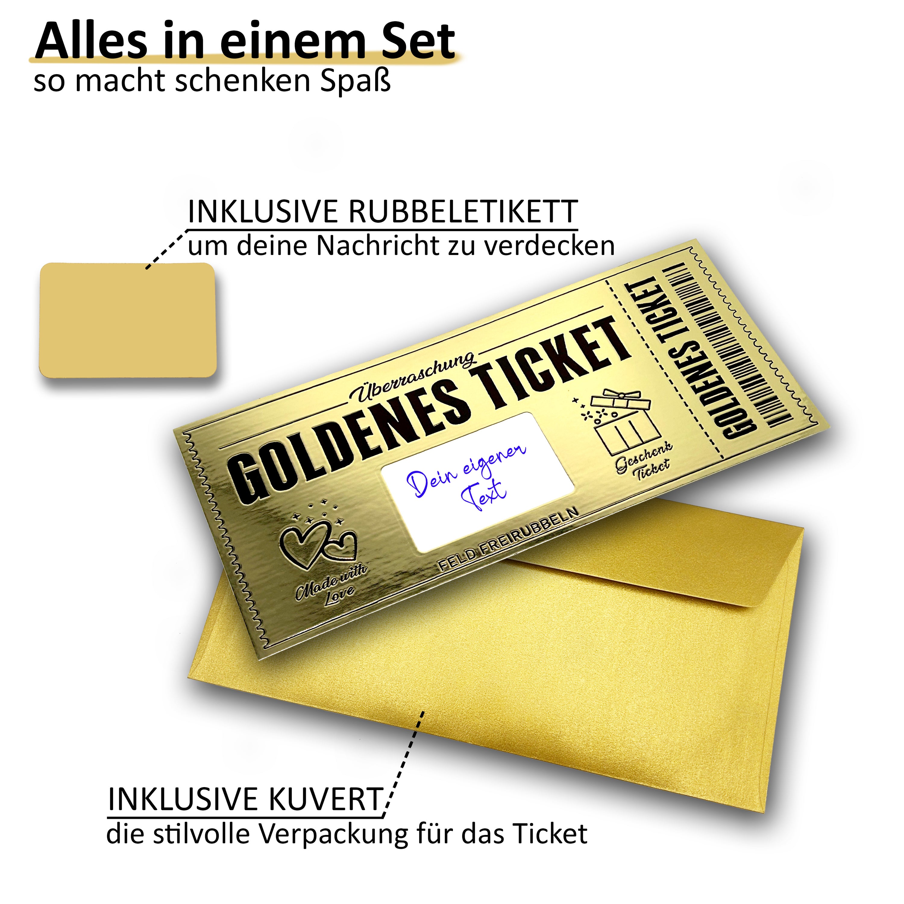 Goldenes Ticket zum selber ausfüllen mit Rubbelfeld - Rubbelaufkleber und Beschriftungsfeld - goldfarbig