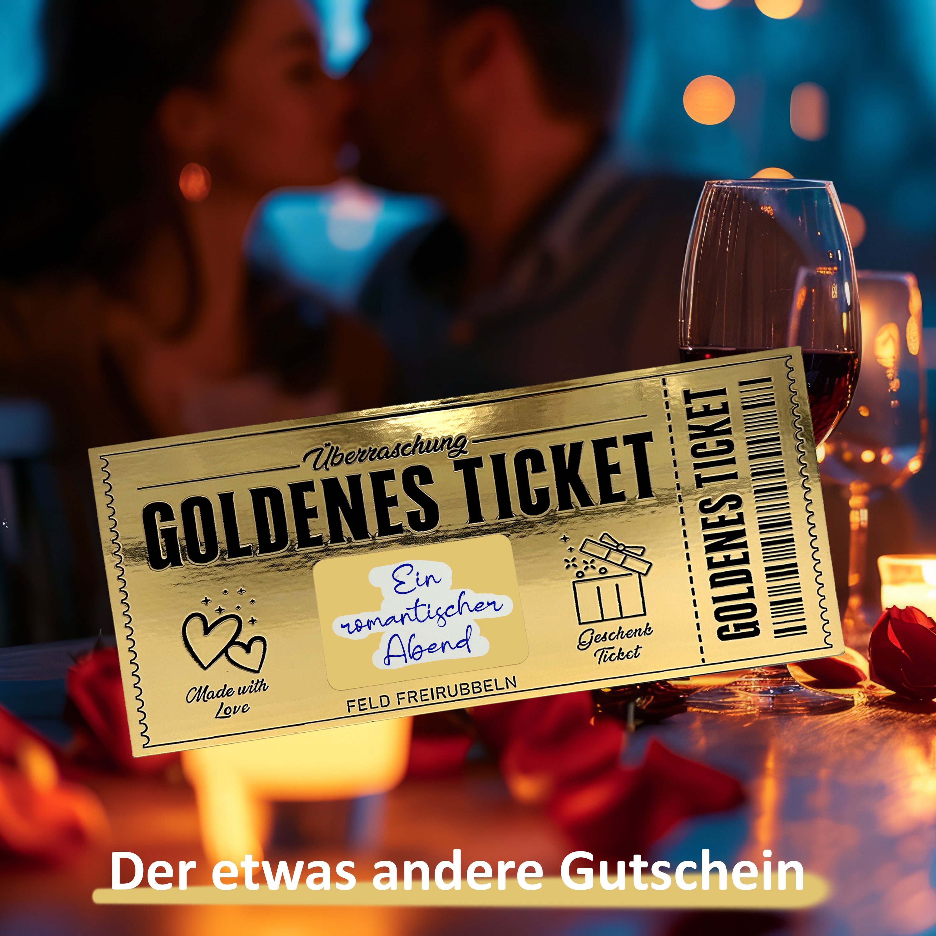 Goldenes Ticket zum selber ausfüllen mit Rubbelfeld - Rubbelaufkleber und Beschriftungsfeld - goldfarbig