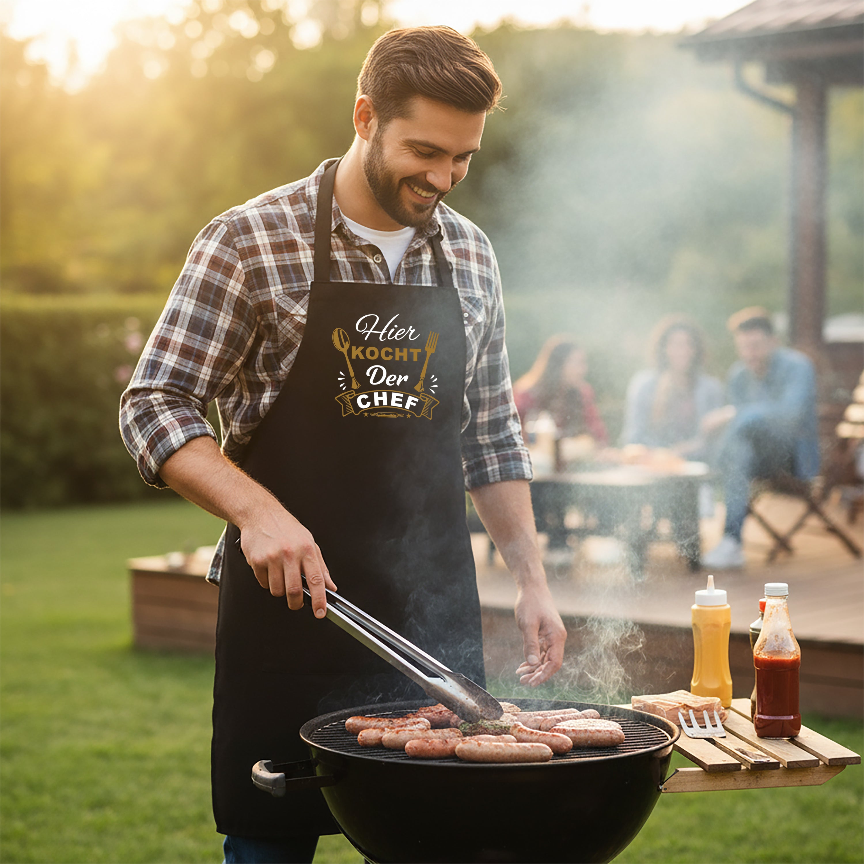 Grillschürze für Männer – Lustiger Spruch: Hier kocht der Chef – Hochwertige Kochschürze BBQ Master Schürze Schwarz