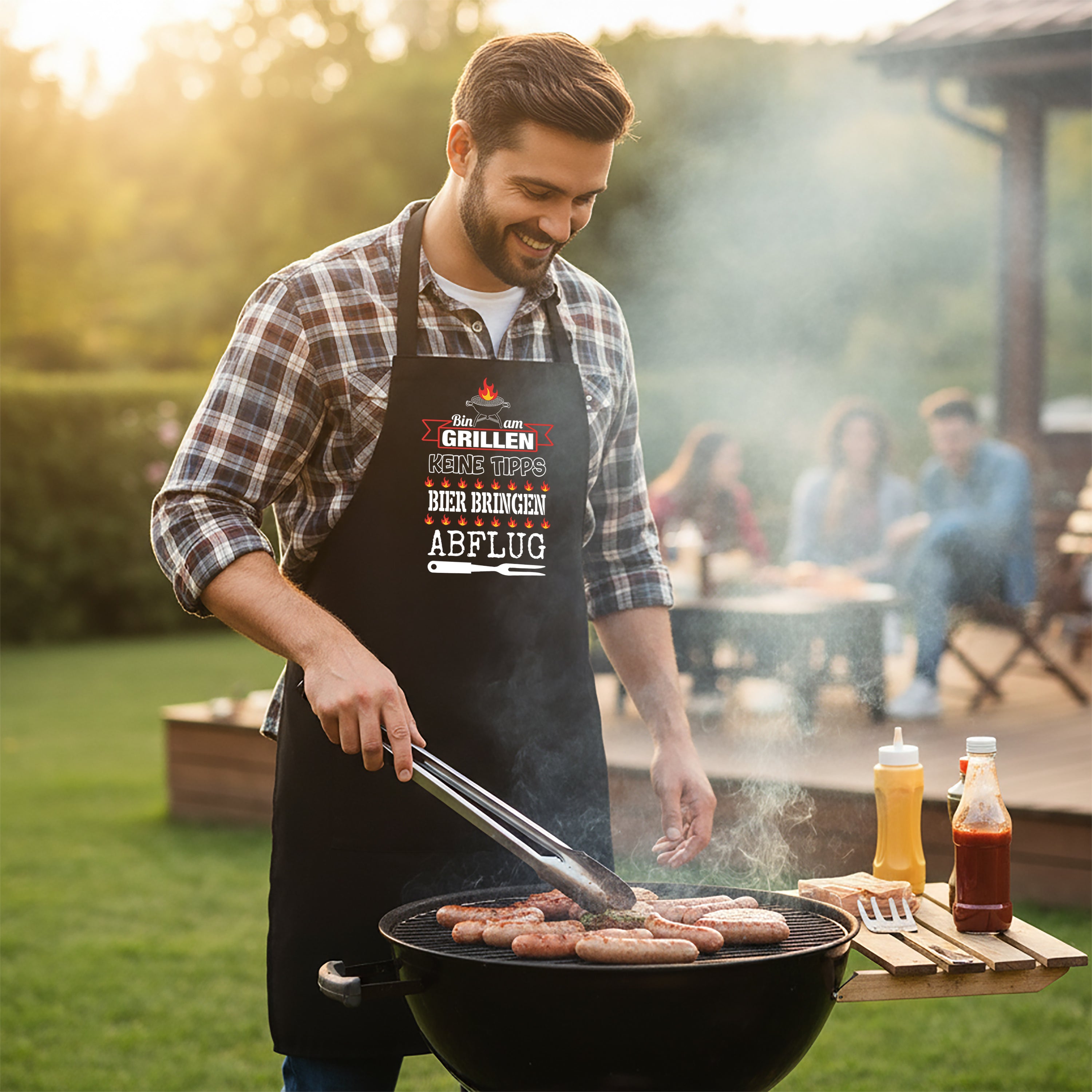 Grillschürze für Männer – Lustiger Spruch: Bin am Grillen - Keine Tipps, Bier bringen, Abflug – Hochwertige Kochschürze BBQ Master Schürze Schwarz
