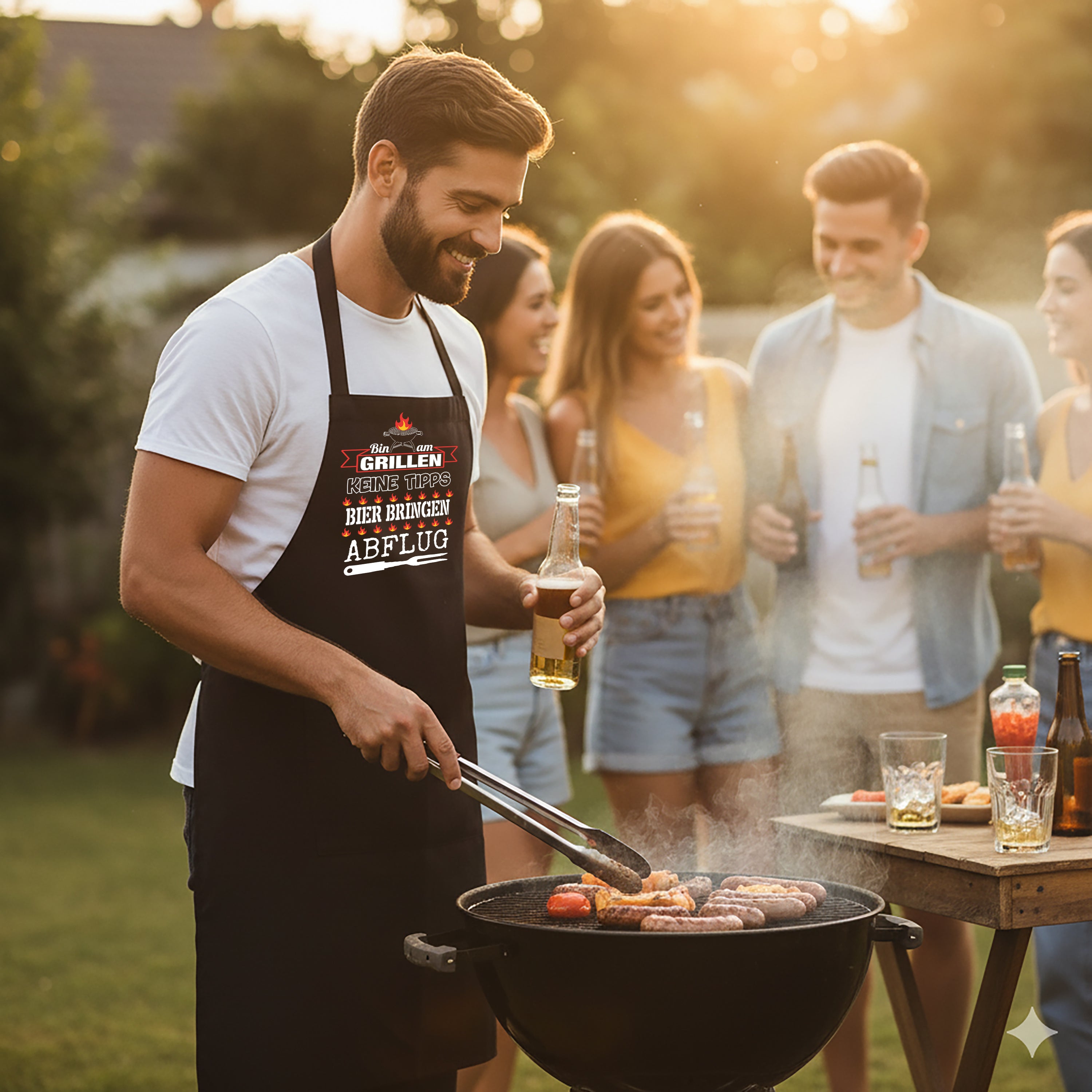 Grillschürze für Männer – Lustiger Spruch: Bin am Grillen - Keine Tipps, Bier bringen, Abflug – Hochwertige Kochschürze BBQ Master Schürze Schwarz