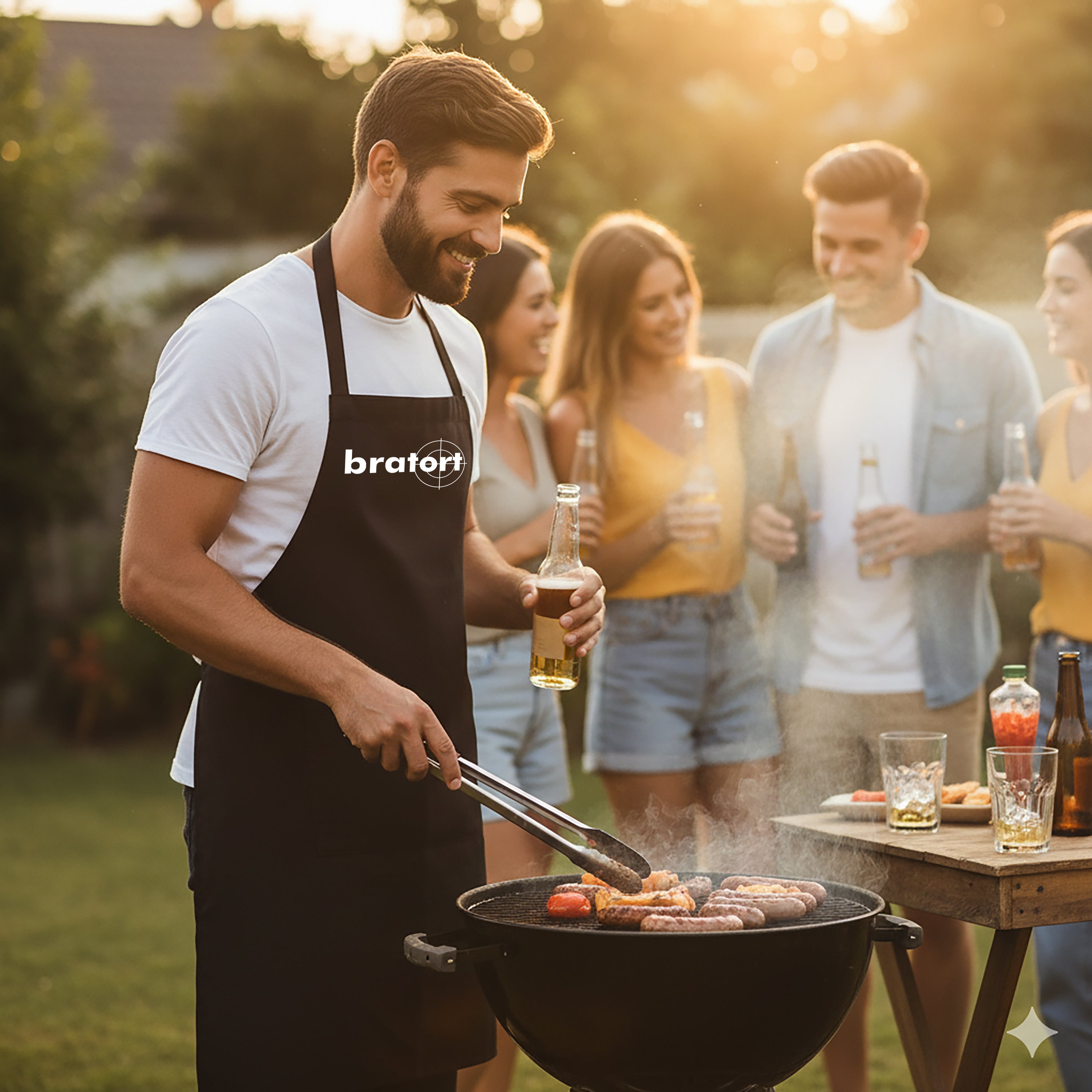 Grillschürze für Männer – Lustiger Spruch: Bratort – Hochwertige Kochschürze BBQ Master Schürze Schwarz