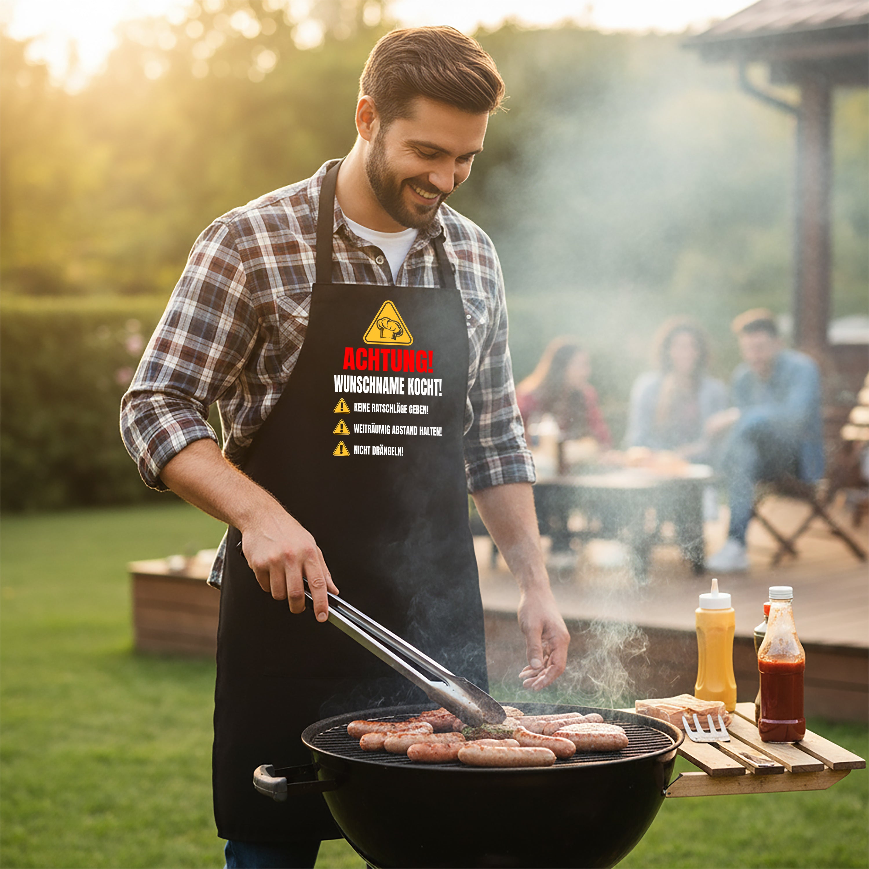 Personalisierte Grillschürze für Männer – Lustiger Spruch: Achtung! Wunschname kocht! – Hochwertige Kochschürze BBQ Master Schürze Schwarz