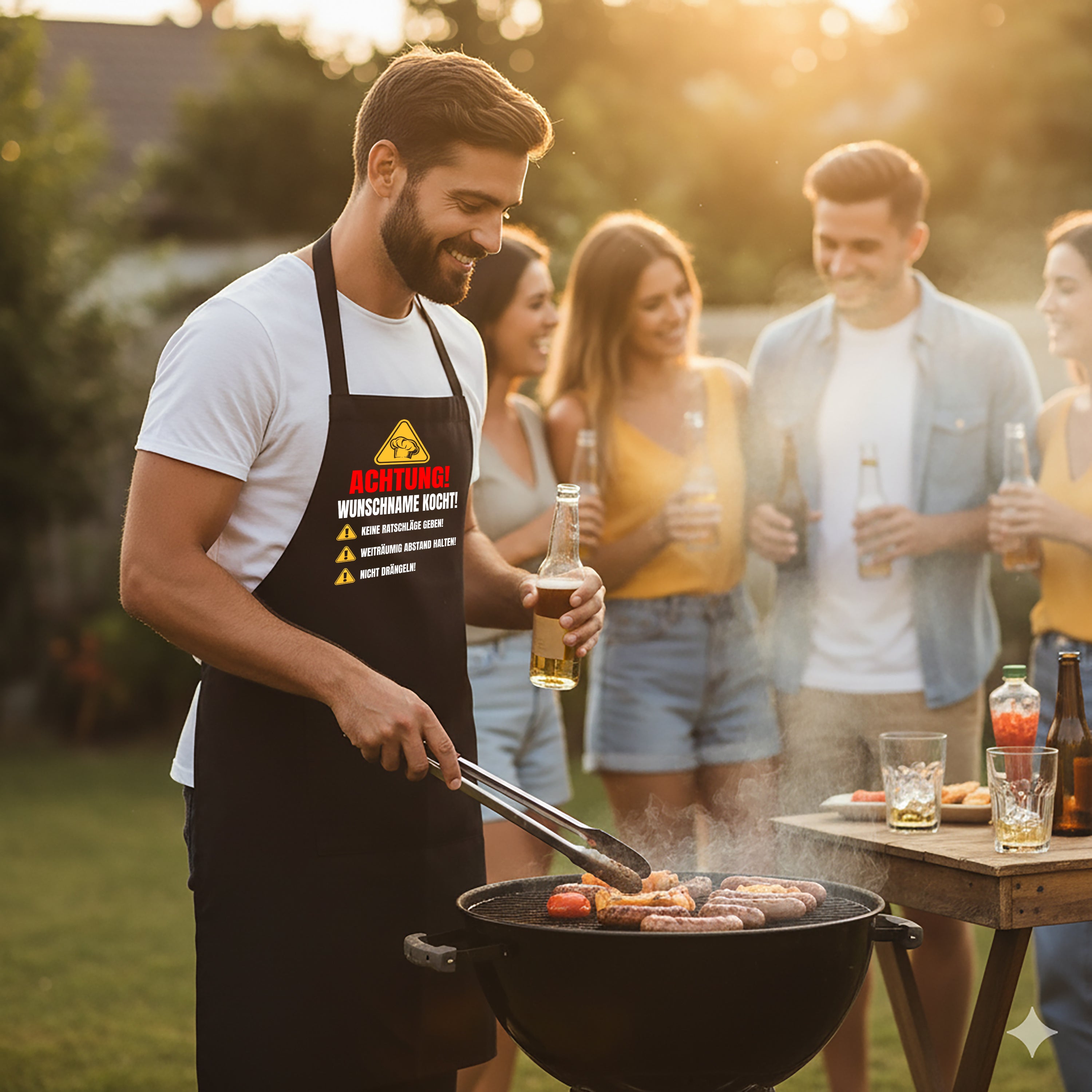 Personalisierte Grillschürze für Männer – Lustiger Spruch: Achtung! Wunschname kocht! – Hochwertige Kochschürze BBQ Master Schürze Schwarz