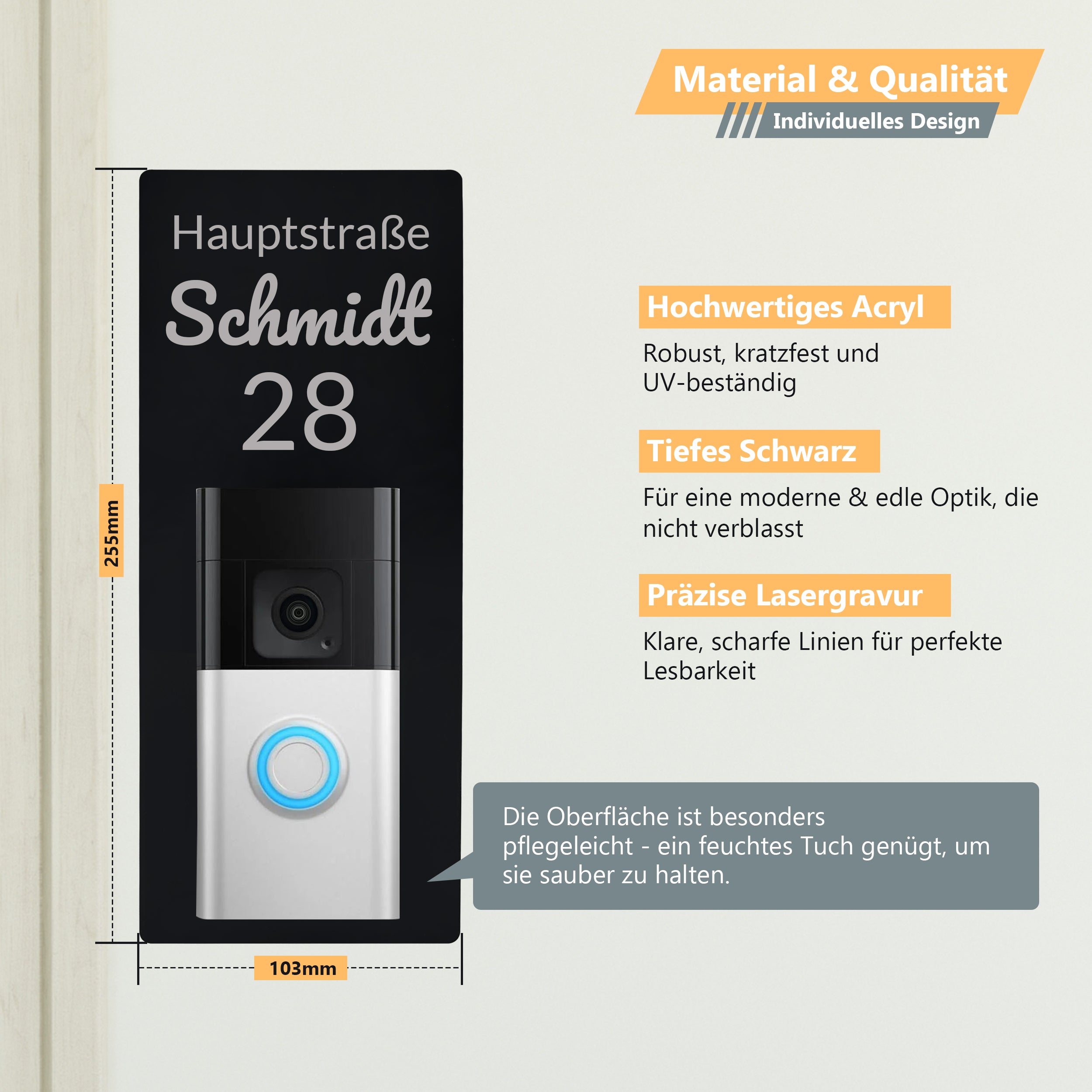 Personalisiertes Klingelschild aus Acryl kompatibel zu Doorbell 2, 3, 4 Plus und Pro und weiteren Modellen | Türschild mit Gravur für Haustür und Briefkasten |