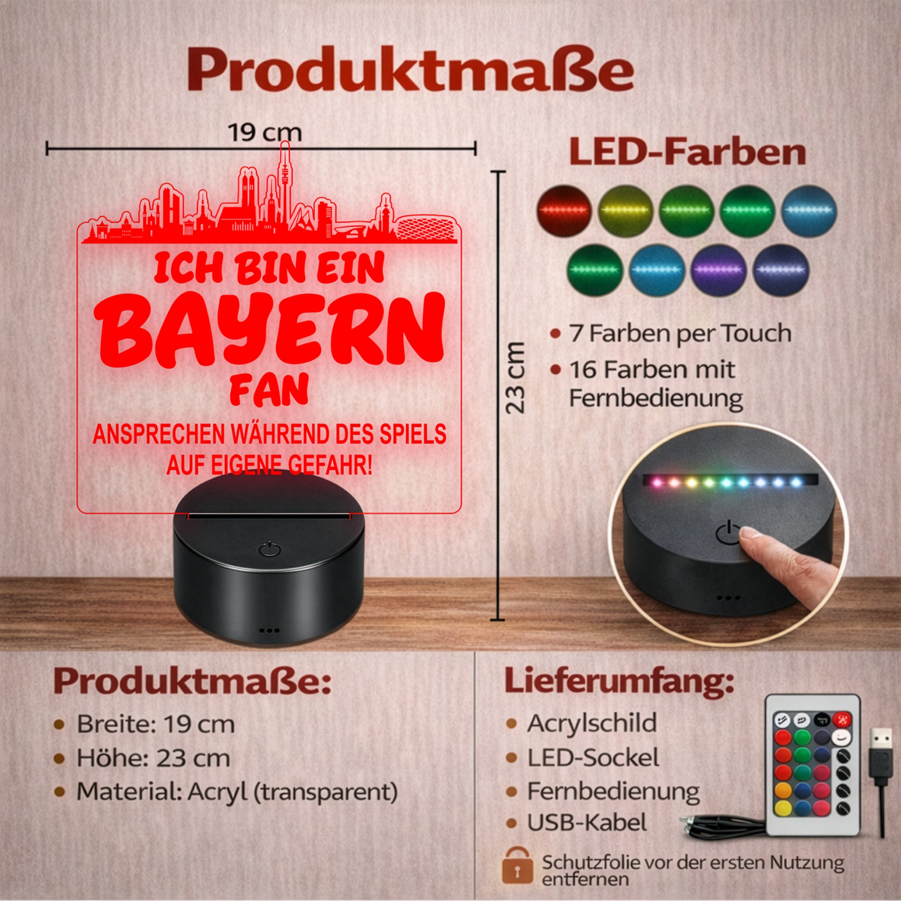 Bayern Fan Fußball LED Nachtlicht – 3D Skyline Design „Ansprechen auf eigene Gefahr“ – RGB Farbwechsel mit Fernbedienung & Touch – Stimmungslicht für die Man Cave – 19x23cm
