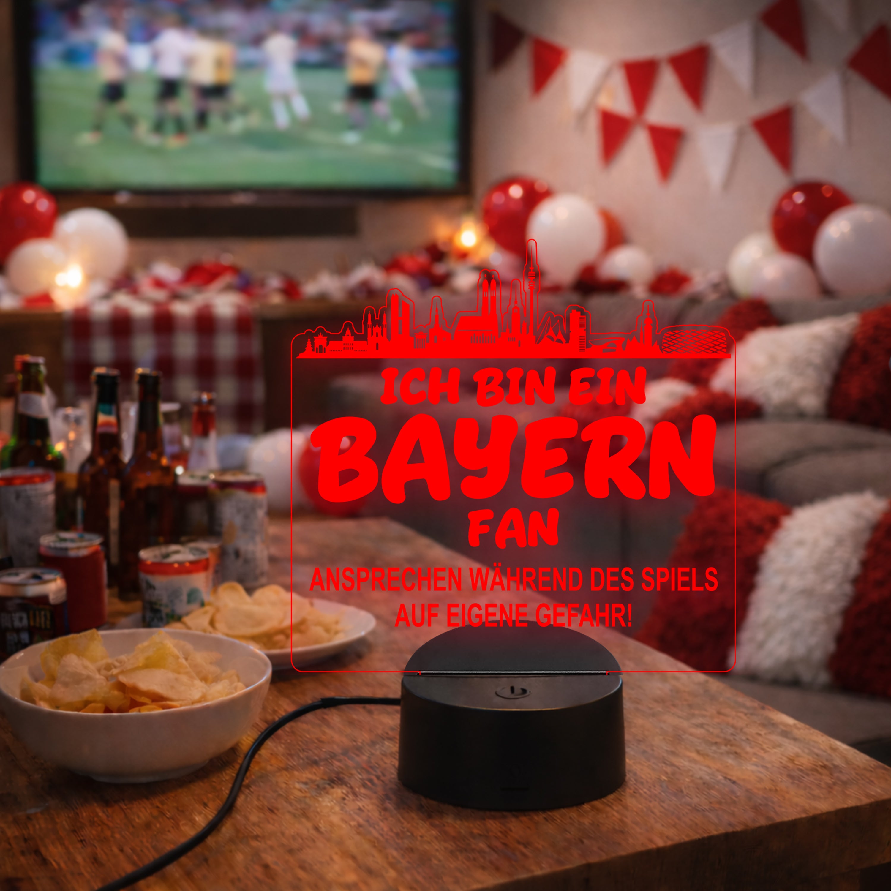 Bayern Fan Fußball LED Nachtlicht – 3D Skyline Design „Ansprechen auf eigene Gefahr“ – RGB Farbwechsel mit Fernbedienung & Touch – Stimmungslicht für die Man Cave – 19x23cm