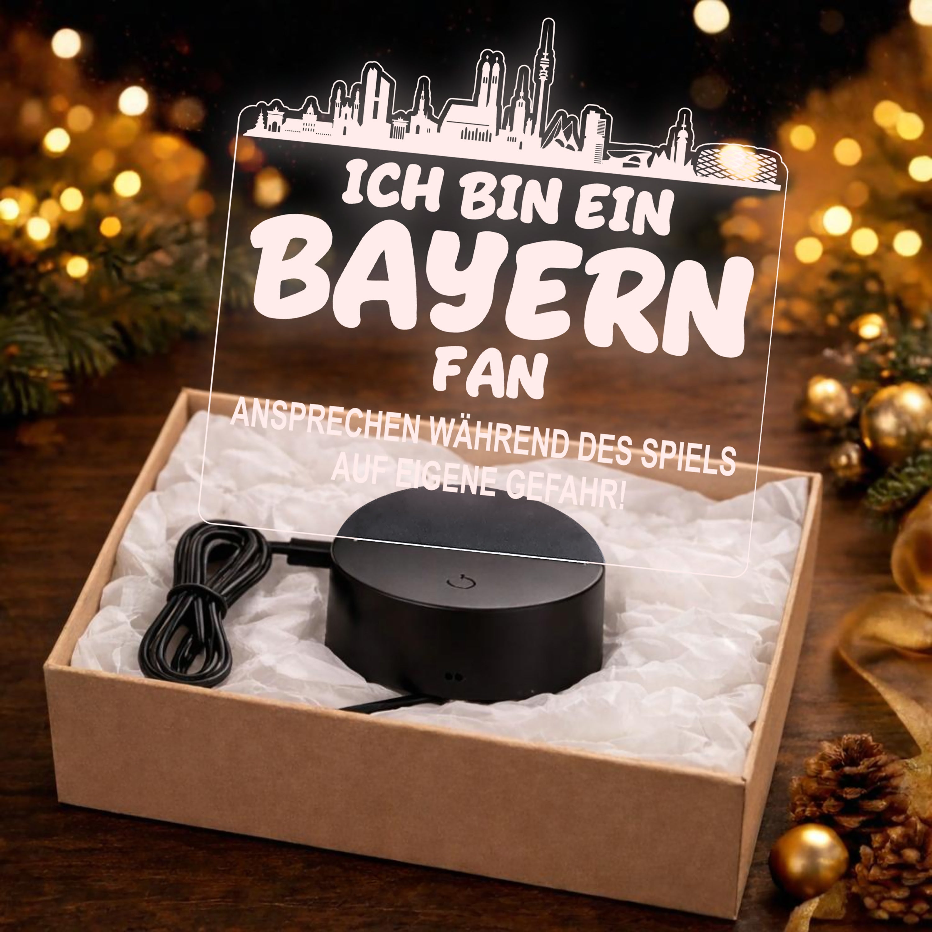 Bayern Fan Fußball LED Nachtlicht – 3D Skyline Design „Ansprechen auf eigene Gefahr“ – RGB Farbwechsel mit Fernbedienung & Touch – Stimmungslicht für die Man Cave – 19x23cm