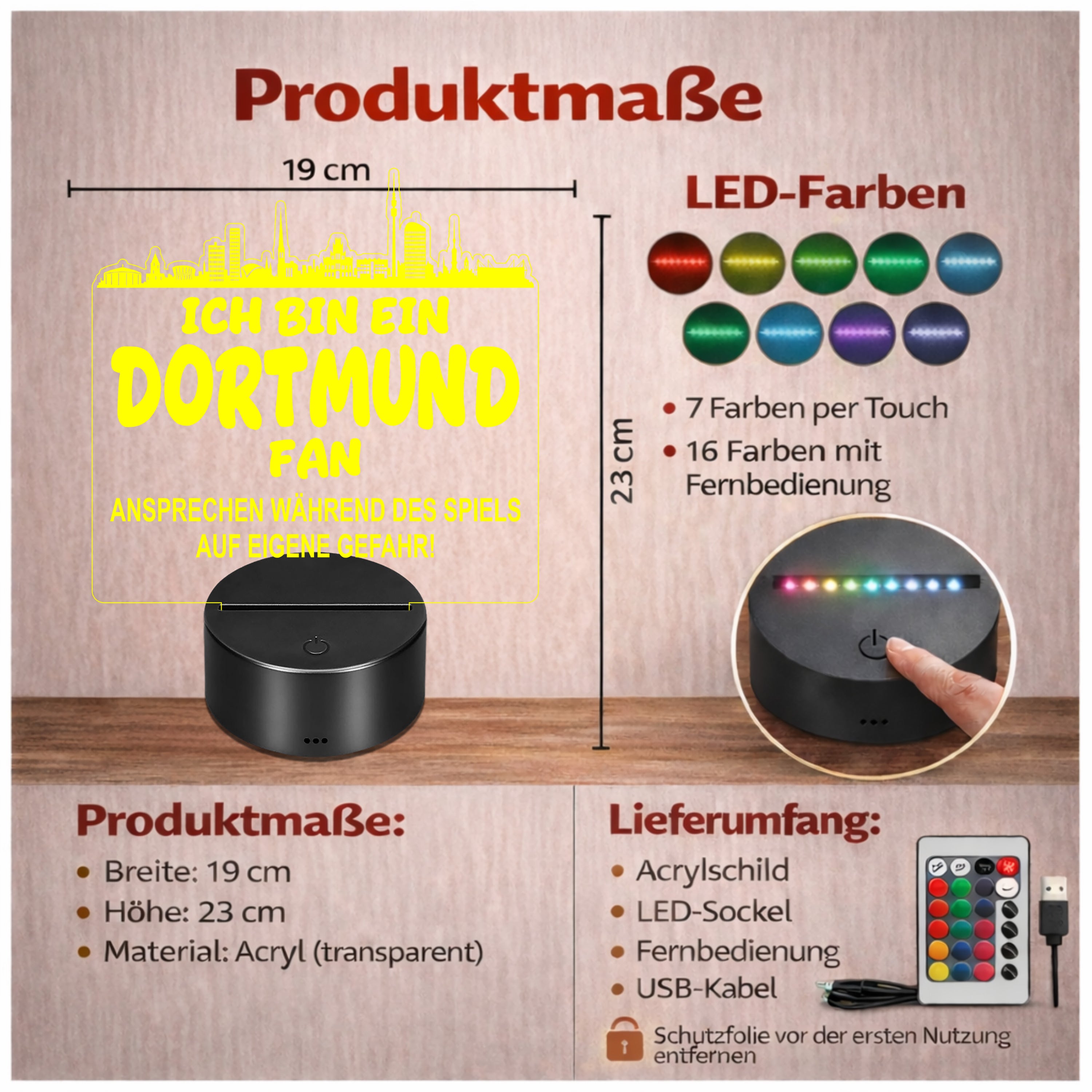 Dortmund Fan Fußball LED Nachtlicht – 3D Skyline Design „Ansprechen auf eigene Gefahr“ – RGB Farbwechsel mit Fernbedienung & Touch – Stimmungslicht für die Man Cave – 19x23cm
