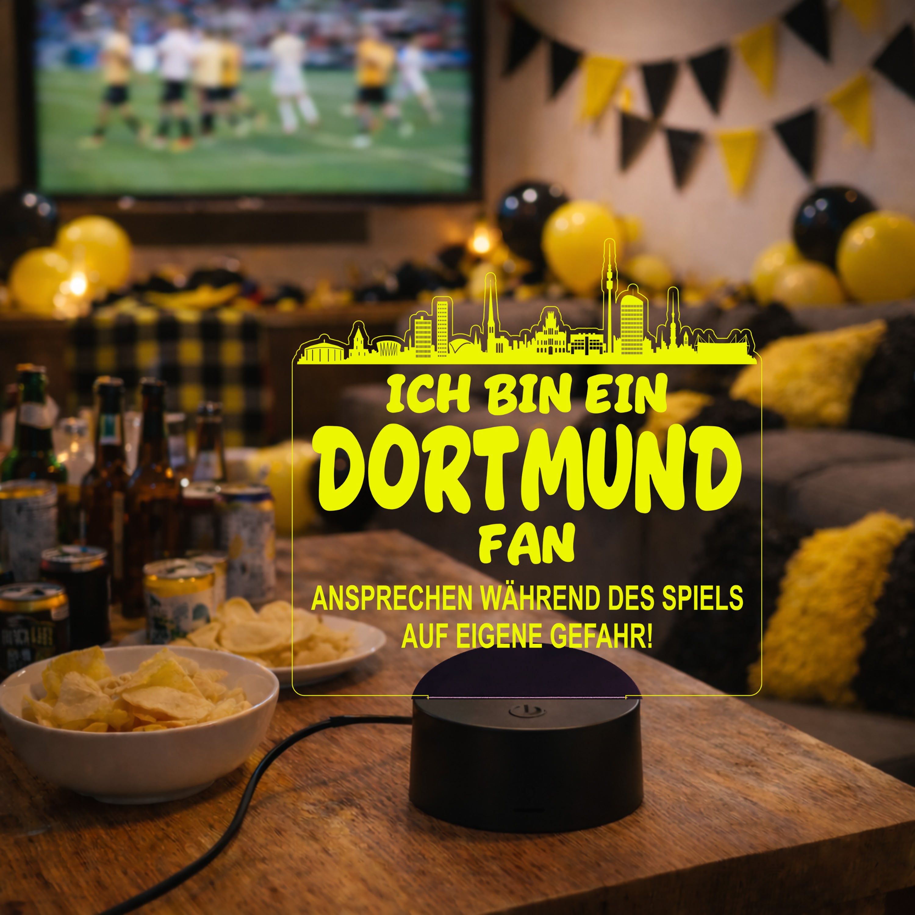 Dortmund Fan Fußball LED Nachtlicht – 3D Skyline Design „Ansprechen auf eigene Gefahr“ – RGB Farbwechsel mit Fernbedienung & Touch – Stimmungslicht für die Man Cave – 19x23cm