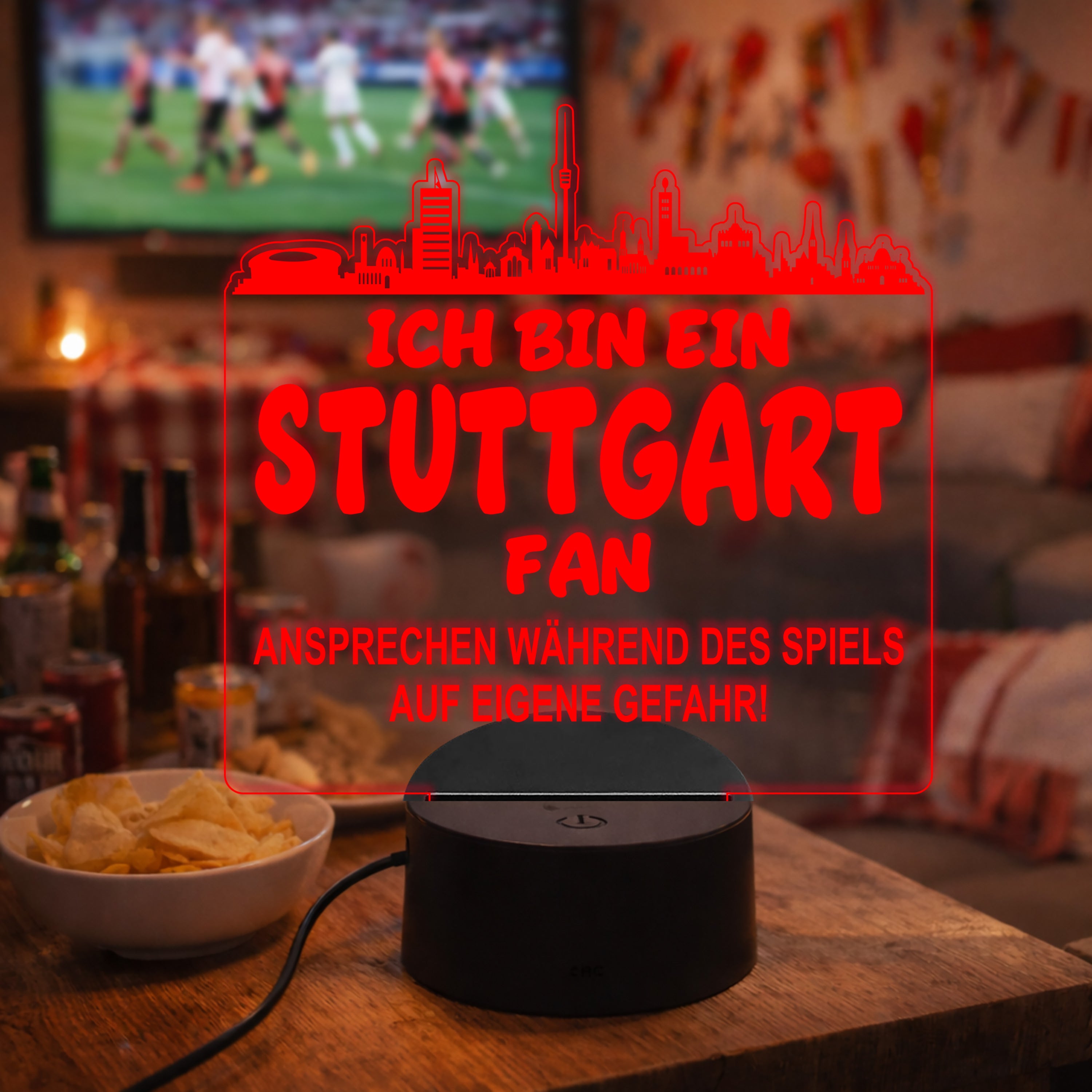 Stuttgart Fan Fußball LED Nachtlicht – 3D Skyline Design „Ansprechen auf eigene Gefahr“ – RGB Farbwechsel mit Fernbedienung & Touch – Stimmungslicht für die Man Cave – 19x23cm