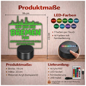 Bremen Fan Fußball LED Nachtlicht – 3D Skyline Design „Ansprechen auf eigene Gefahr“ – RGB Farbwechsel mit Fernbedienung & Touch – Stimmungslicht für die Man Cave – 19x23cm