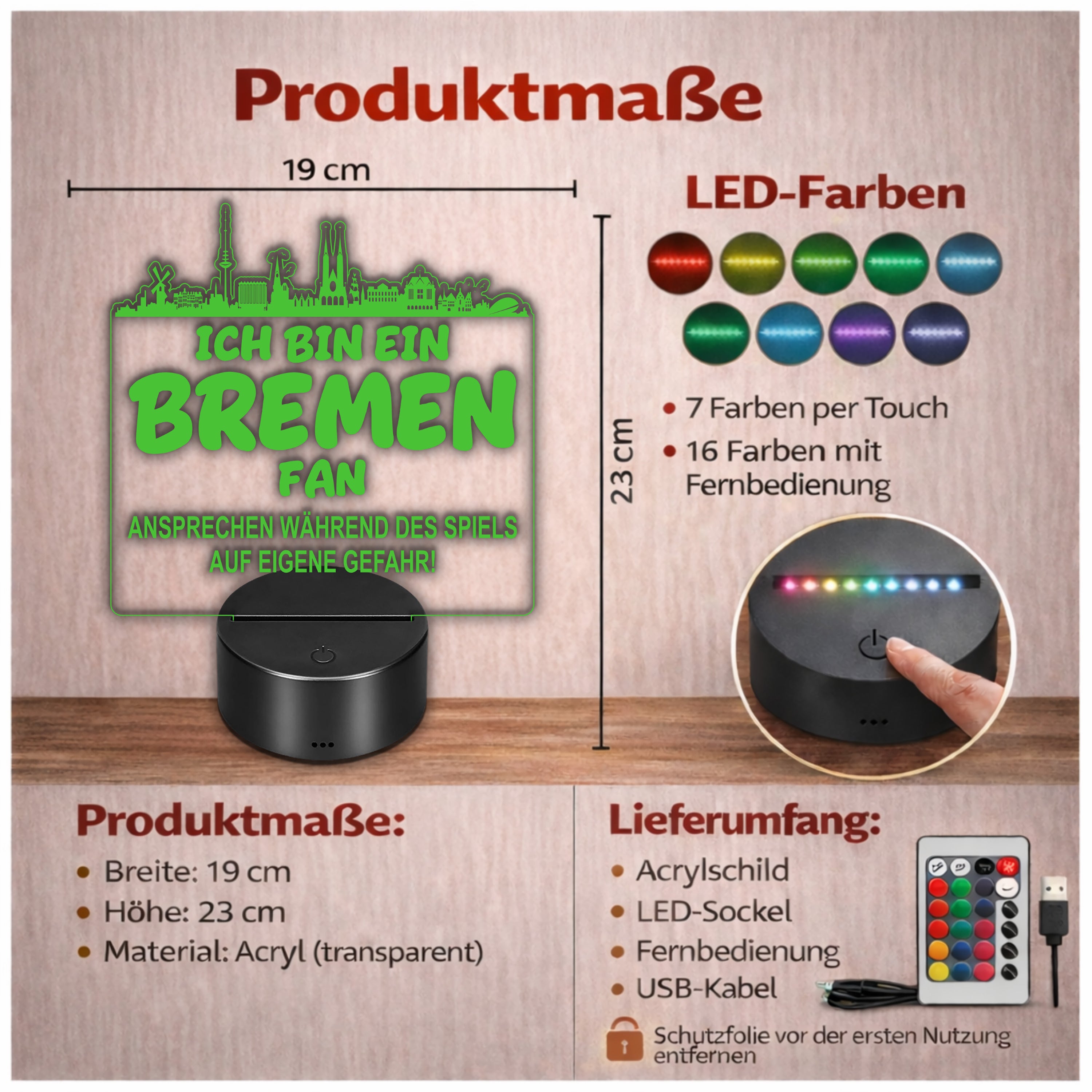 Bremen Fan Fußball LED Nachtlicht – 3D Skyline Design „Ansprechen auf eigene Gefahr“ – RGB Farbwechsel mit Fernbedienung & Touch – Stimmungslicht für die Man Cave – 19x23cm