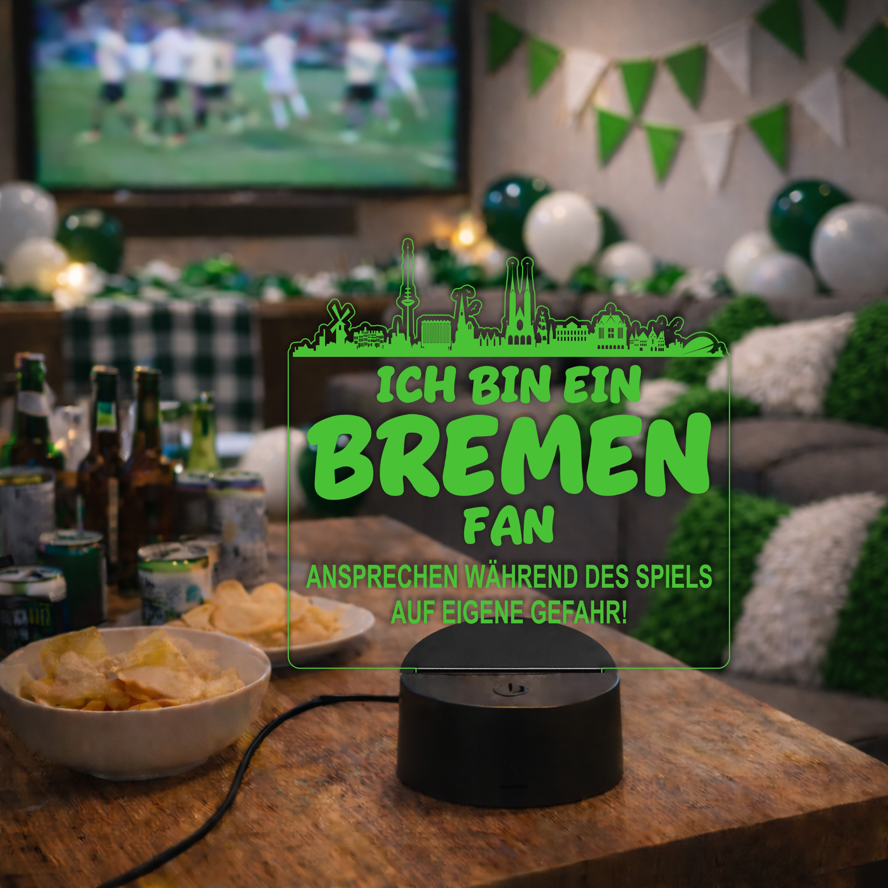 Bremen Fan Fußball LED Nachtlicht – 3D Skyline Design „Ansprechen auf eigene Gefahr“ – RGB Farbwechsel mit Fernbedienung & Touch – Stimmungslicht für die Man Cave – 19x23cm