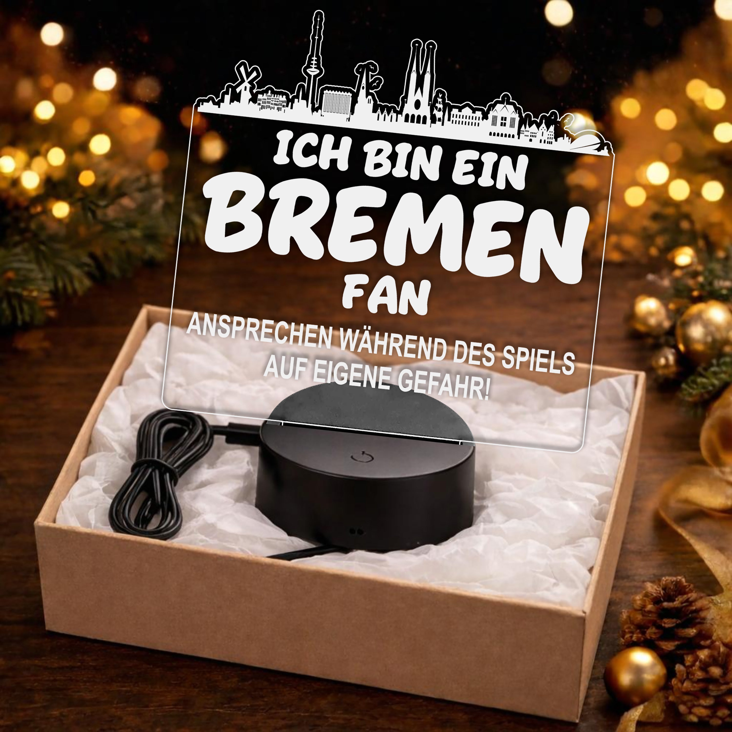 Bremen Fan Fußball LED Nachtlicht – 3D Skyline Design „Ansprechen auf eigene Gefahr“ – RGB Farbwechsel mit Fernbedienung & Touch – Stimmungslicht für die Man Cave – 19x23cm