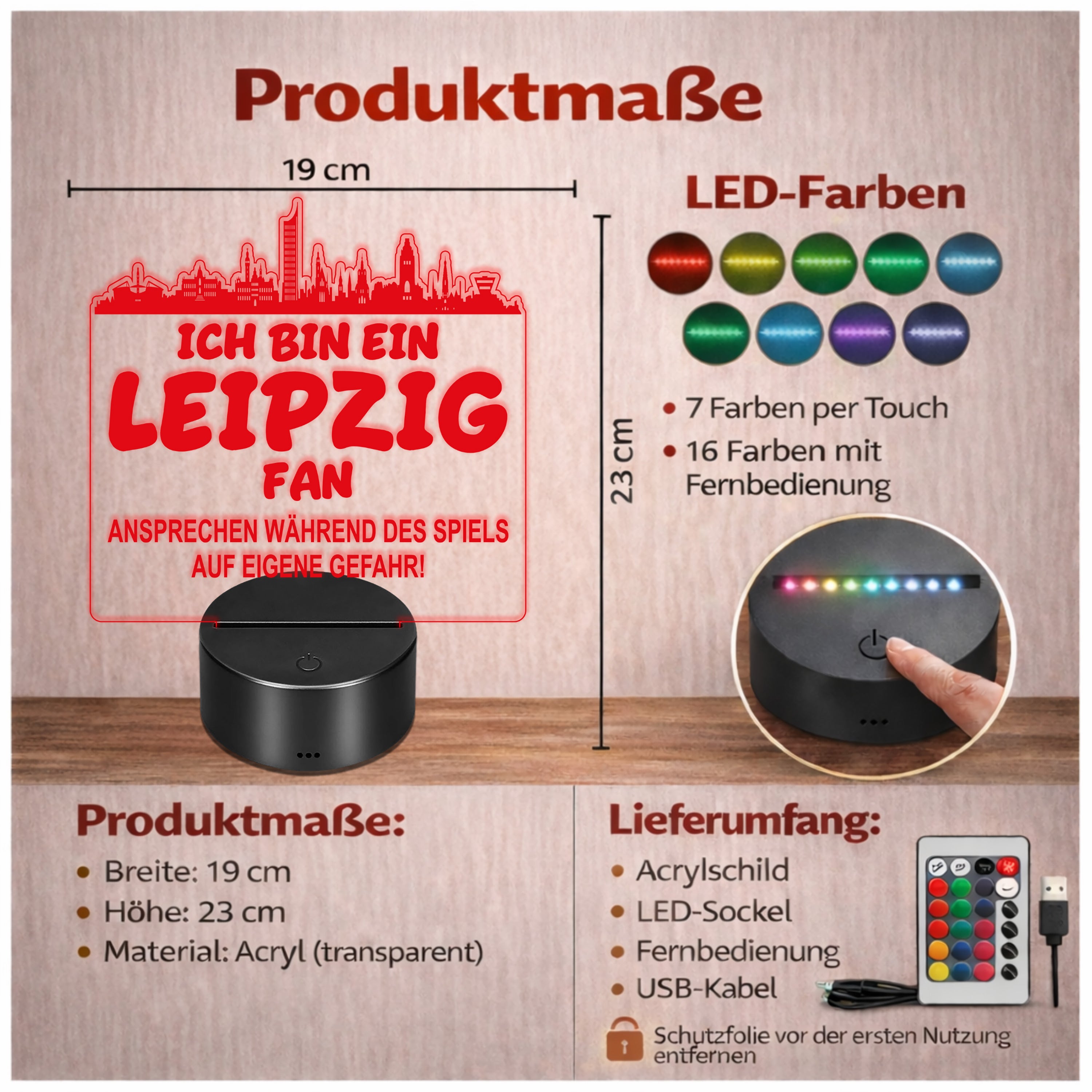 Leipzig Fan Fußball LED Nachtlicht – 3D Skyline Design „Ansprechen auf eigene Gefahr“ – RGB Farbwechsel mit Fernbedienung & Touch – Stimmungslicht für die Man Cave – 19x23cm
