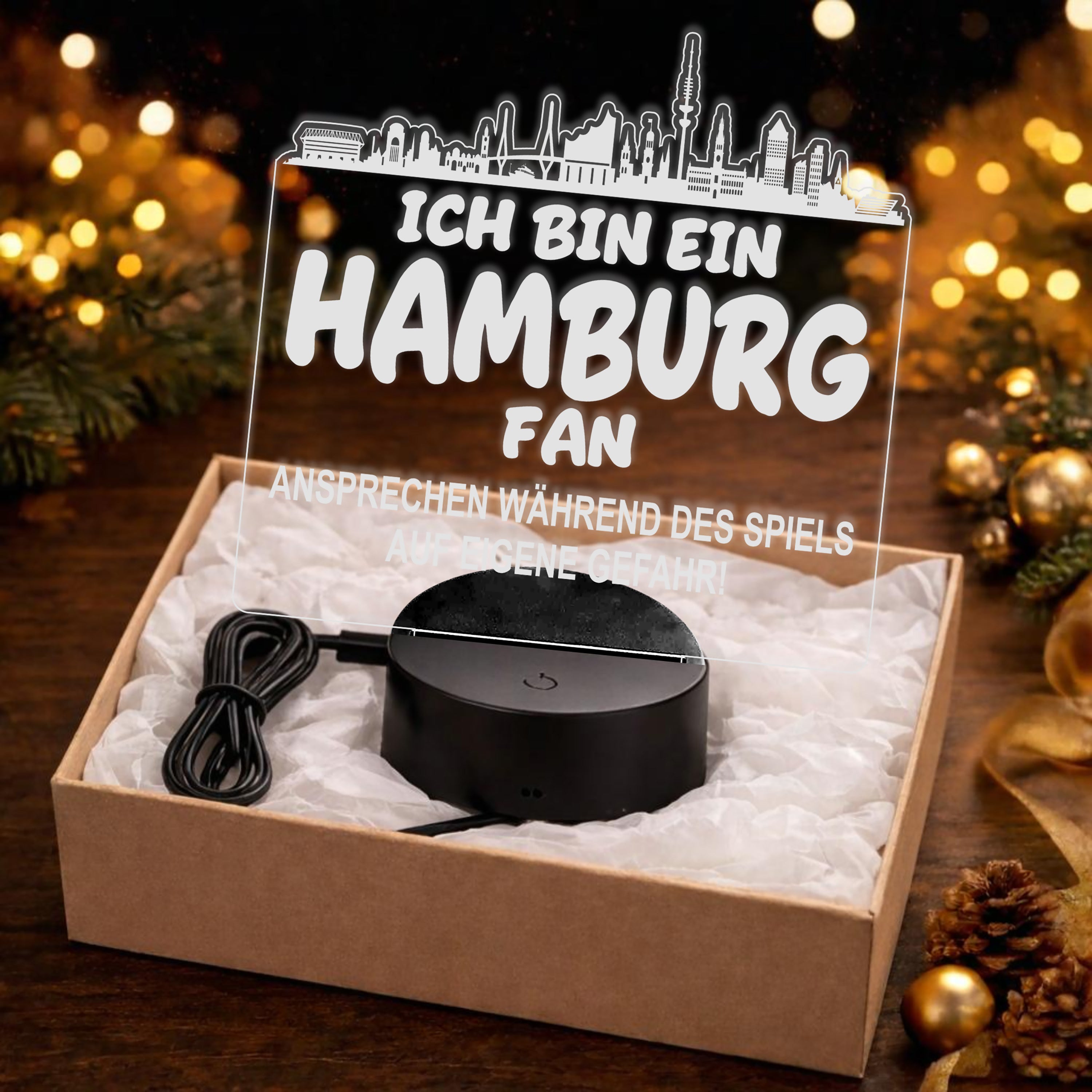 Hamburg Fan Fußball LED Nachtlicht – 3D Skyline Design „Ansprechen auf eigene Gefahr“ – RGB Farbwechsel mit Fernbedienung & Touch – Stimmungslicht für die Man Cave – 19x23cm