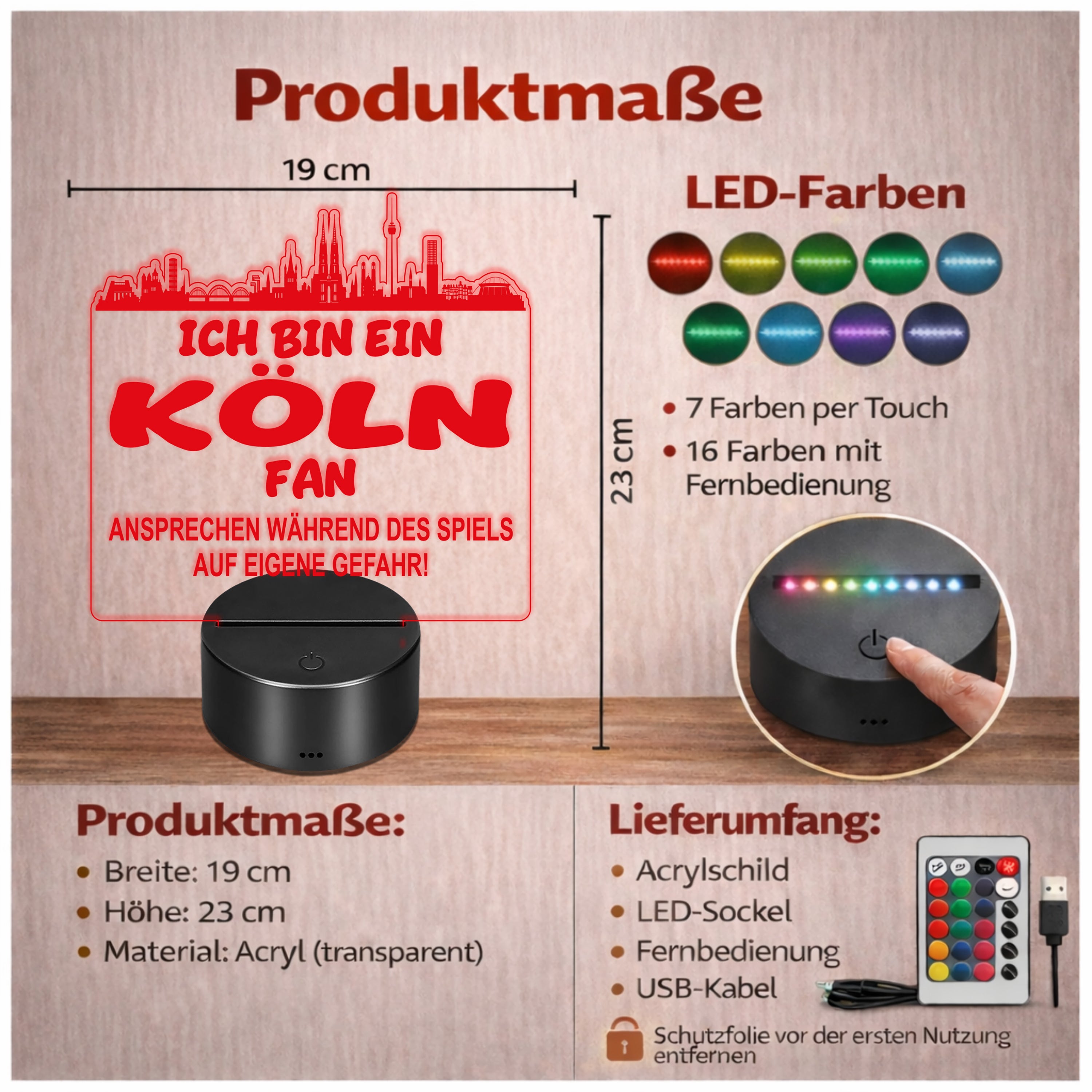 Köln Fan Fußball LED Nachtlicht – 3D Skyline Design „Ansprechen auf eigene Gefahr“ – RGB Farbwechsel mit Fernbedienung & Touch – Stimmungslicht für die Man Cave – 19x23cm