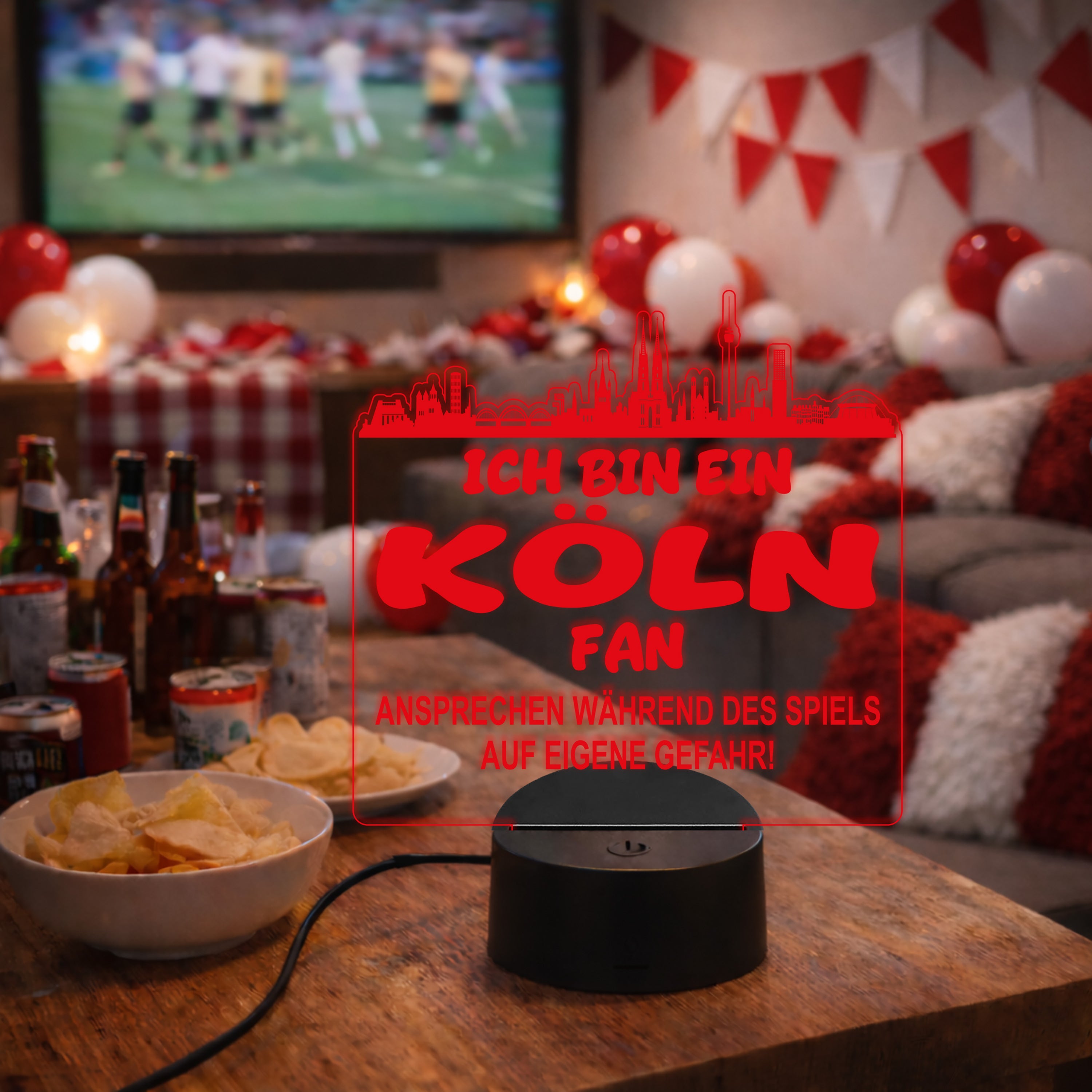 Köln Fan Fußball LED Nachtlicht – 3D Skyline Design „Ansprechen auf eigene Gefahr“ – RGB Farbwechsel mit Fernbedienung & Touch – Stimmungslicht für die Man Cave – 19x23cm