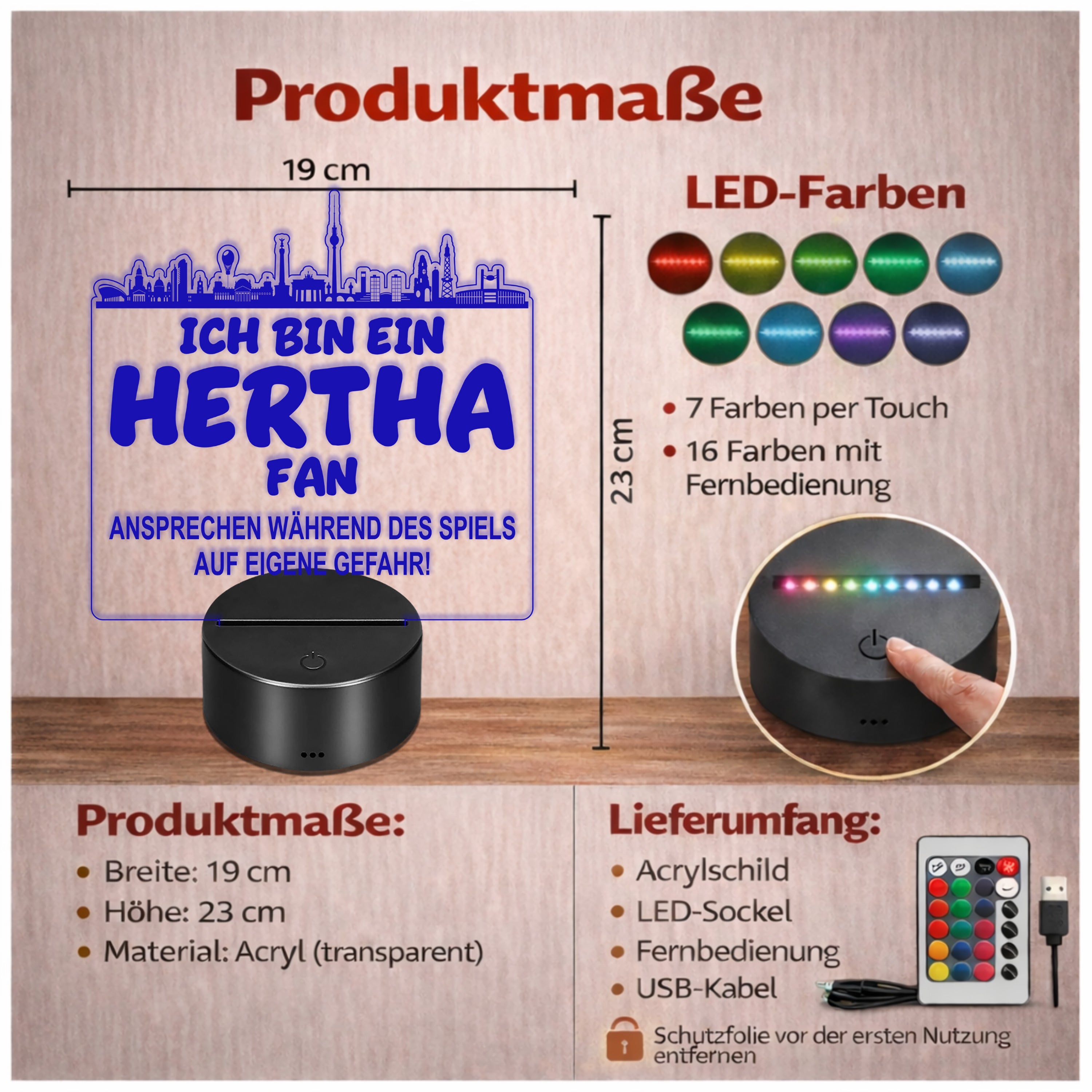 Hertha Fan Fußball LED Nachtlicht – 3D Skyline Design „Ansprechen auf eigene Gefahr“ – RGB Farbwechsel mit Fernbedienung & Touch – Stimmungslicht für die Man Cave – 19x23cm