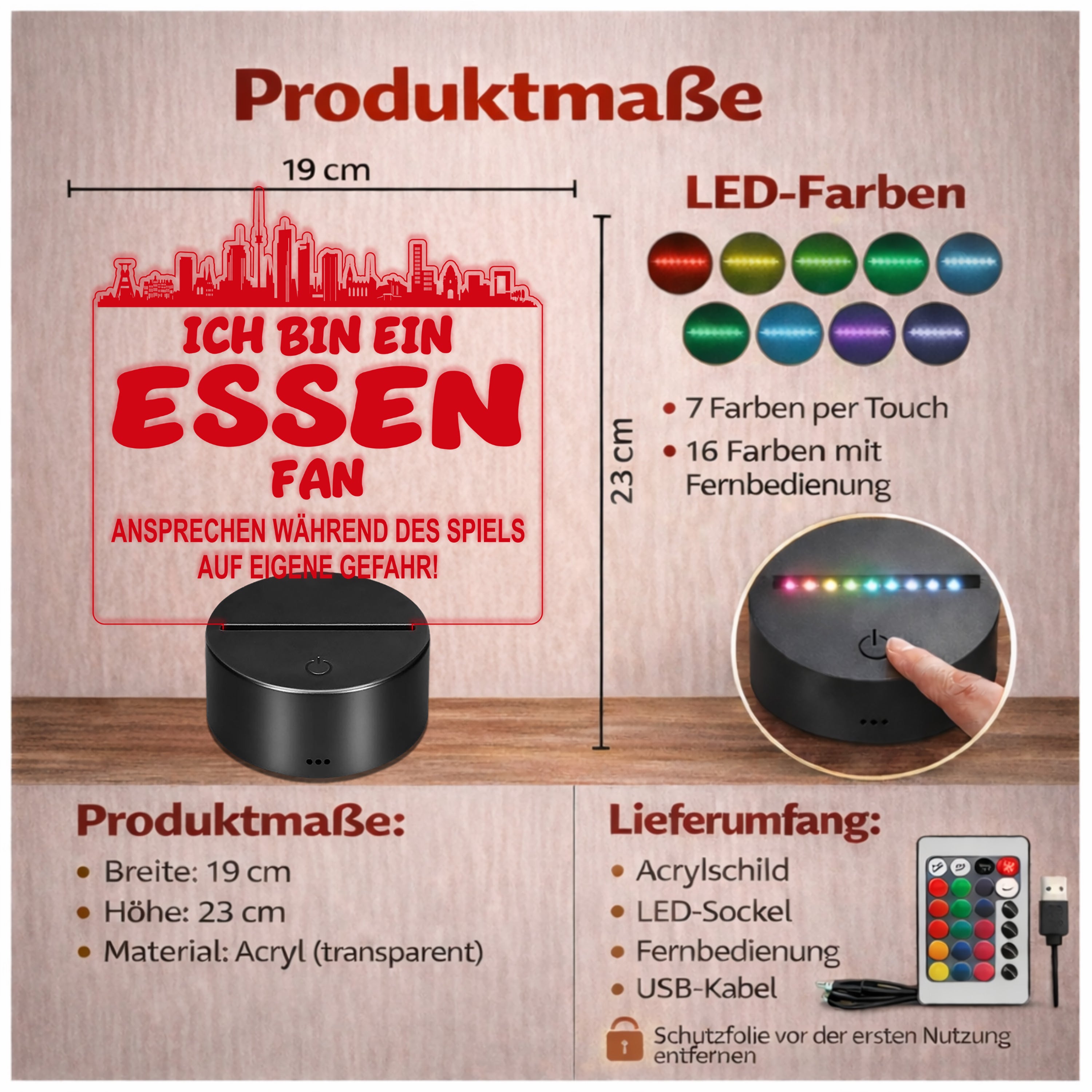 Essen Fan Fußball LED Nachtlicht – 3D Skyline Design „Ansprechen auf eigene Gefahr“ – RGB Farbwechsel mit Fernbedienung & Touch – Stimmungslicht für die Man Cave – 19x23cm