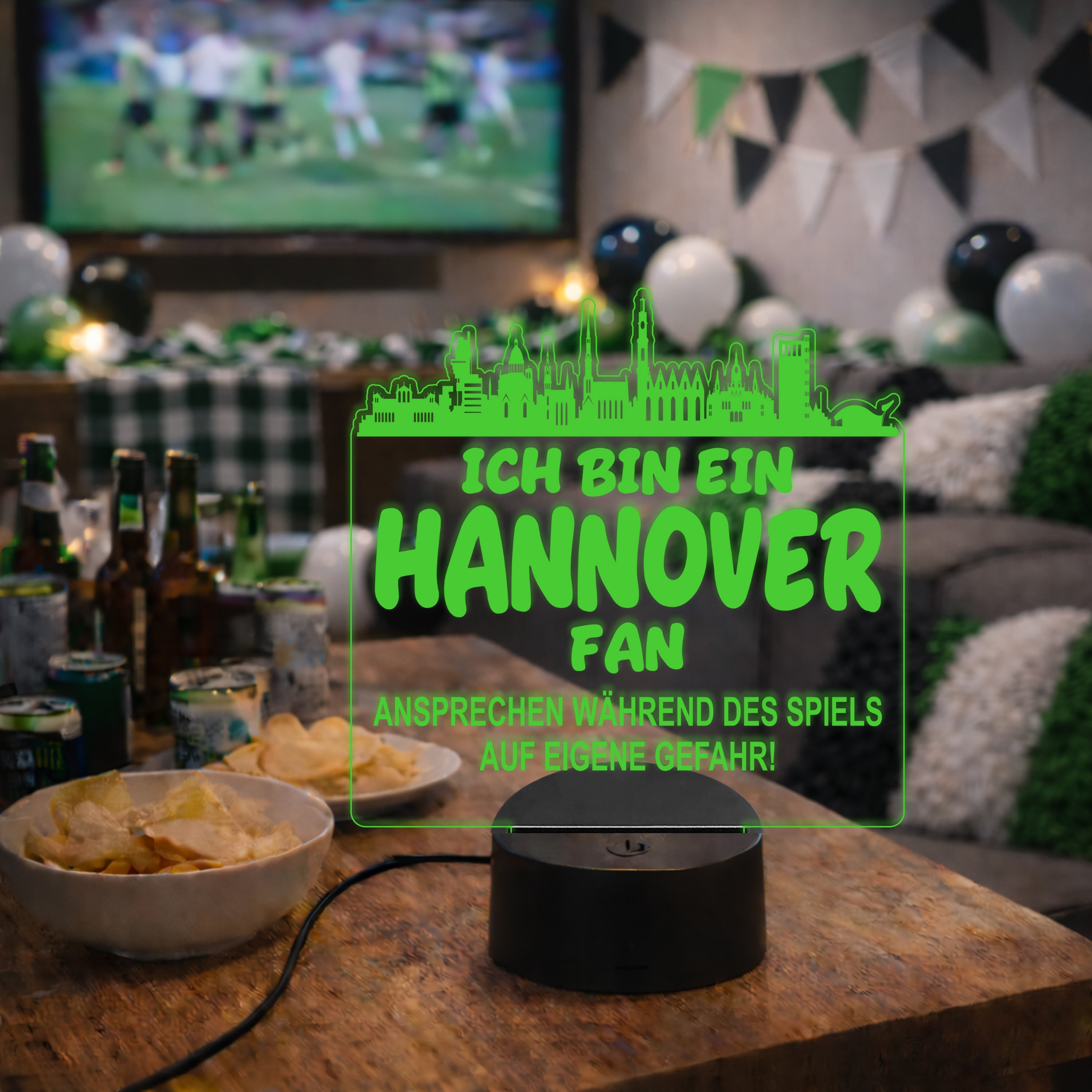 Hannover Fan Fußball LED Nachtlicht – 3D Skyline Design „Ansprechen auf eigene Gefahr“ – RGB Farbwechsel mit Fernbedienung & Touch – Stimmungslicht für die Man Cave – 19x23cm
