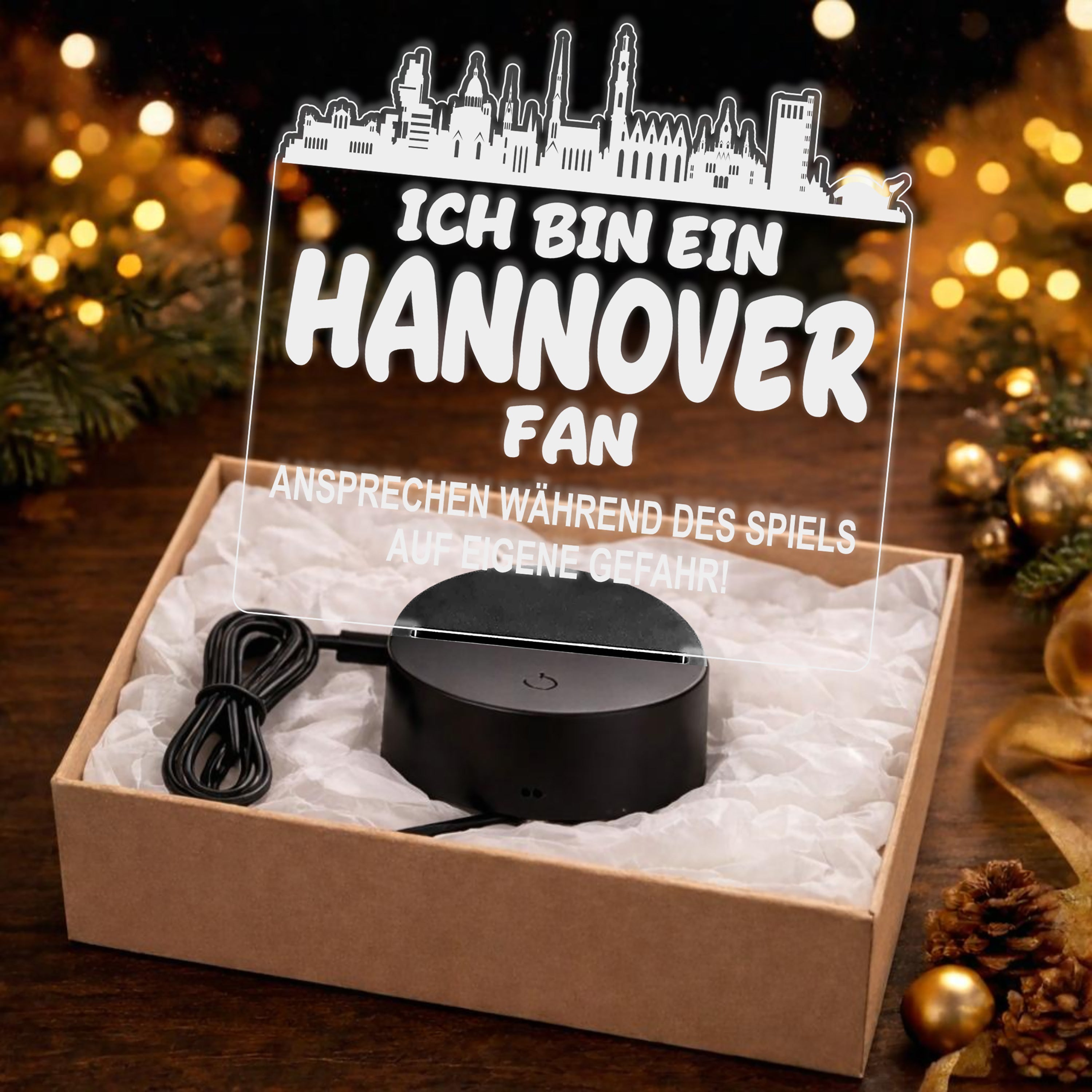 Hannover Fan Fußball LED Nachtlicht – 3D Skyline Design „Ansprechen auf eigene Gefahr“ – RGB Farbwechsel mit Fernbedienung & Touch – Stimmungslicht für die Man Cave – 19x23cm