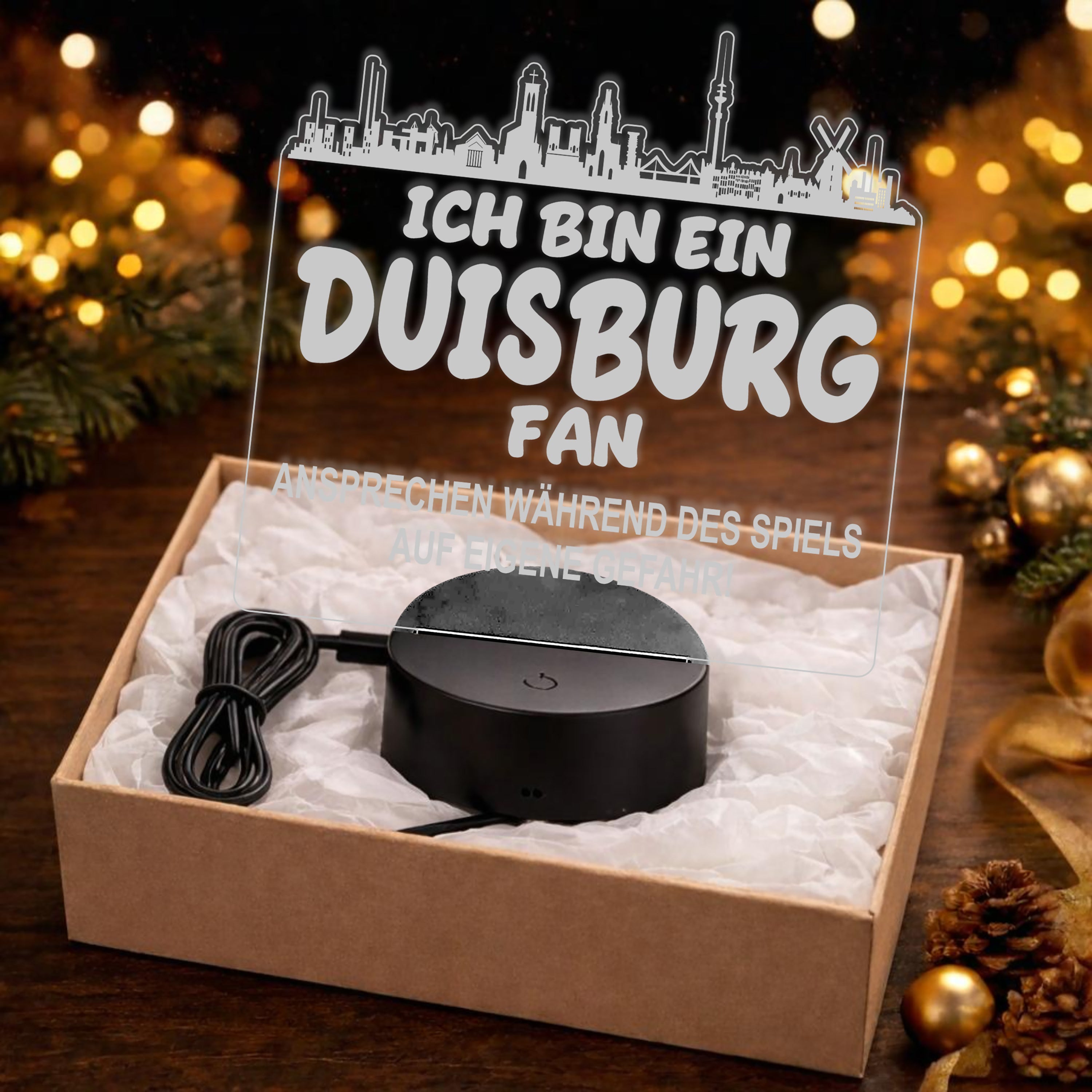 Duisburg Fan Fußball LED Nachtlicht – 3D Skyline Design „Ansprechen auf eigene Gefahr“ – RGB Farbwechsel mit Fernbedienung & Touch – Stimmungslicht für die Man Cave – 19x23cm