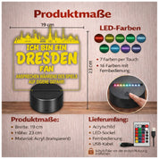 Dresden Fan Fußball LED Nachtlicht – 3D Skyline Design „Ansprechen auf eigene Gefahr“ – RGB Farbwechsel mit Fernbedienung & Touch – Stimmungslicht für die Man Cave – 19x23cm