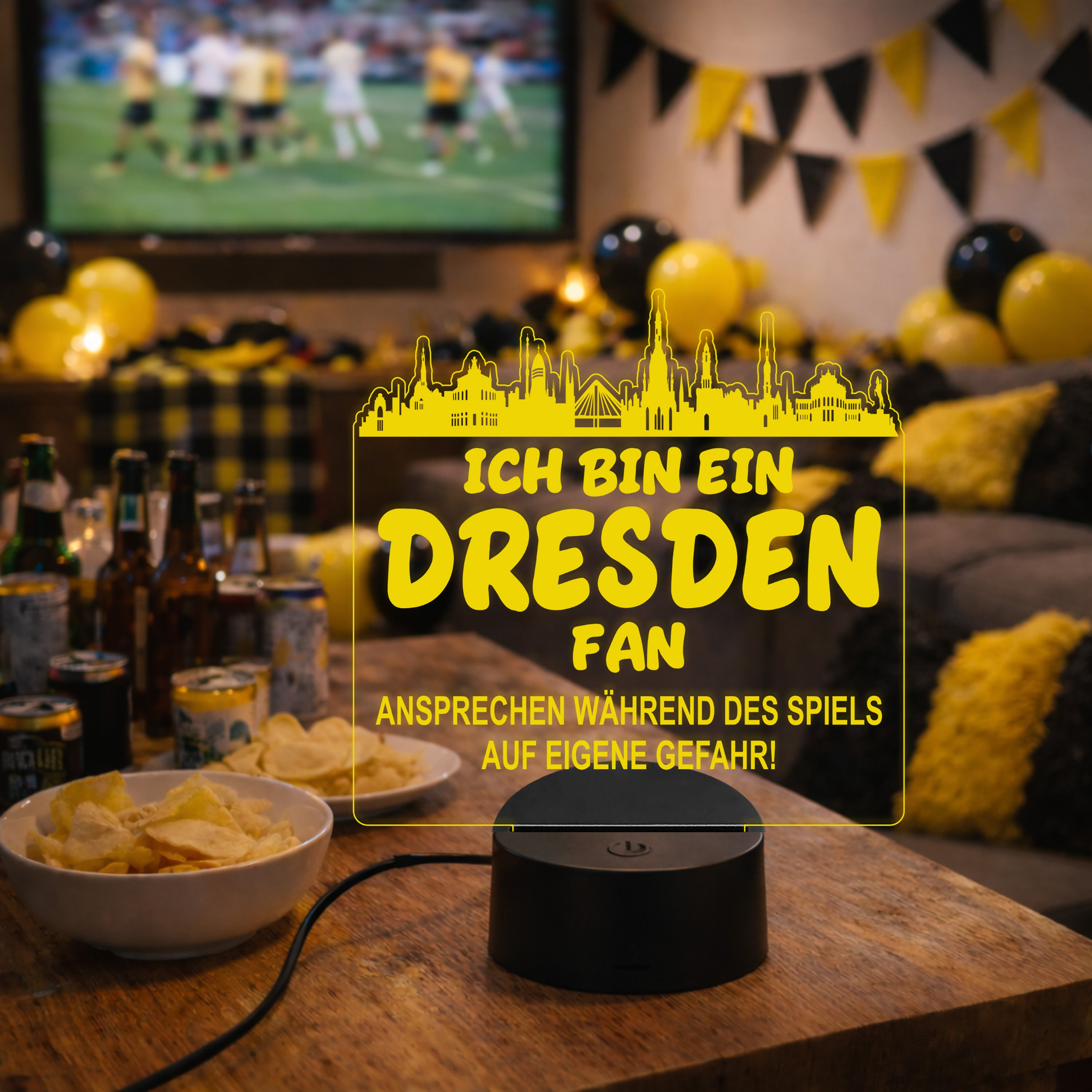 Dresden Fan Fußball LED Nachtlicht – 3D Skyline Design „Ansprechen auf eigene Gefahr“ – RGB Farbwechsel mit Fernbedienung & Touch – Stimmungslicht für die Man Cave – 19x23cm
