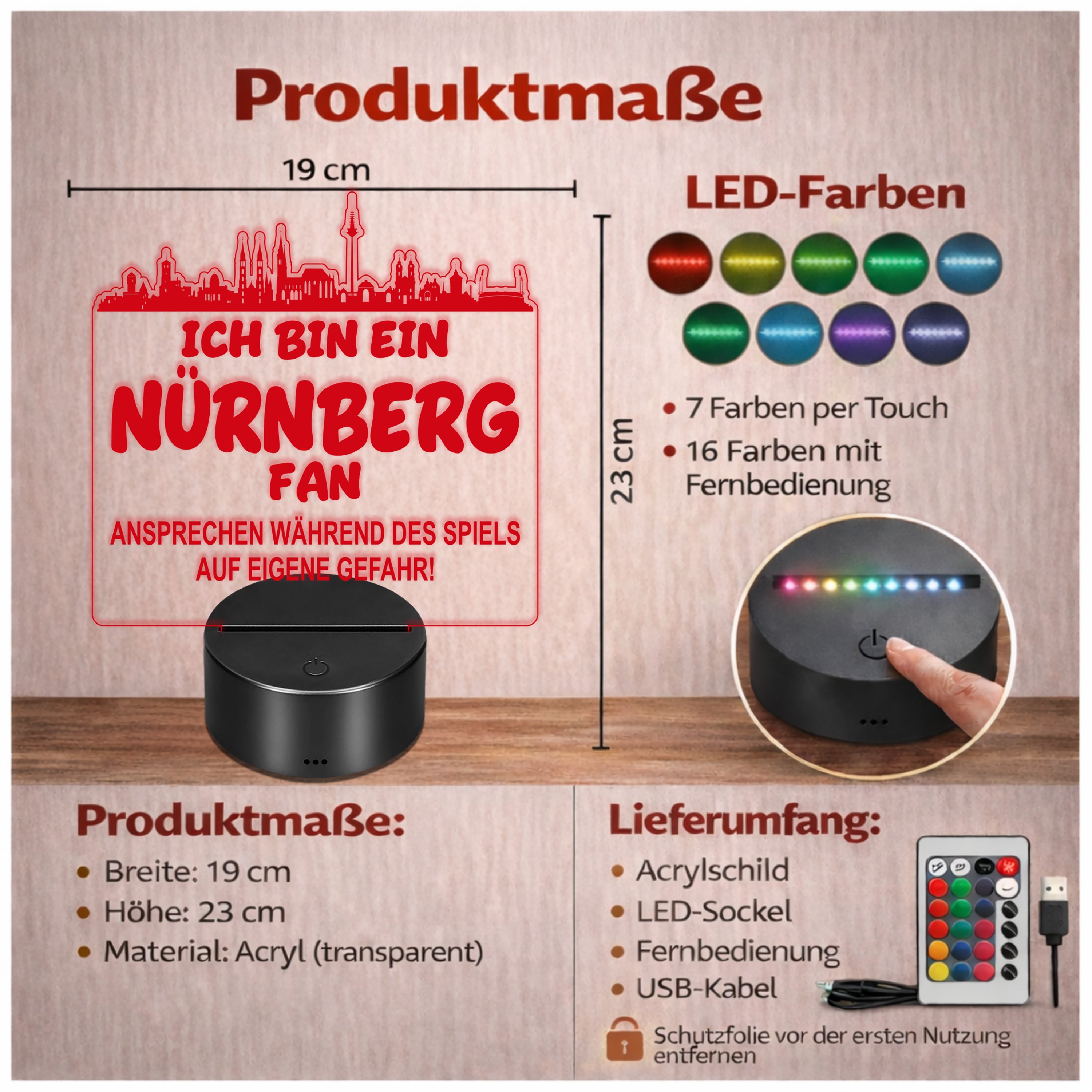 Nürnberg Fan Fußball LED Nachtlicht – 3D Skyline Design „Ansprechen auf eigene Gefahr“ – RGB Farbwechsel mit Fernbedienung & Touch – Stimmungslicht für die Man Cave – 19x23cm