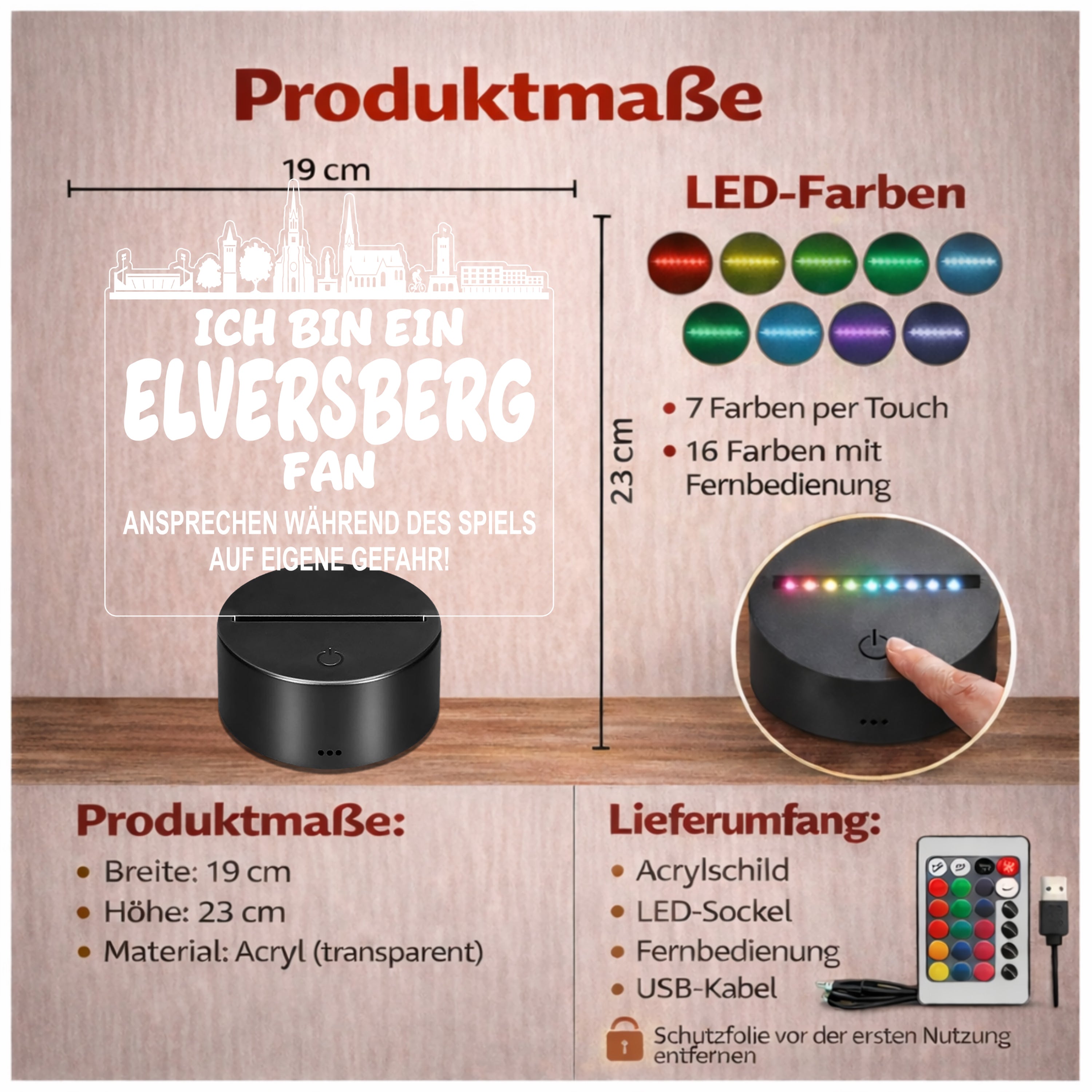 Elversberg Fan Fußball LED Nachtlicht – 3D Skyline Design „Ansprechen auf eigene Gefahr“ – RGB Farbwechsel mit Fernbedienung & Touch – Stimmungslicht für die Man Cave – 19x23cm