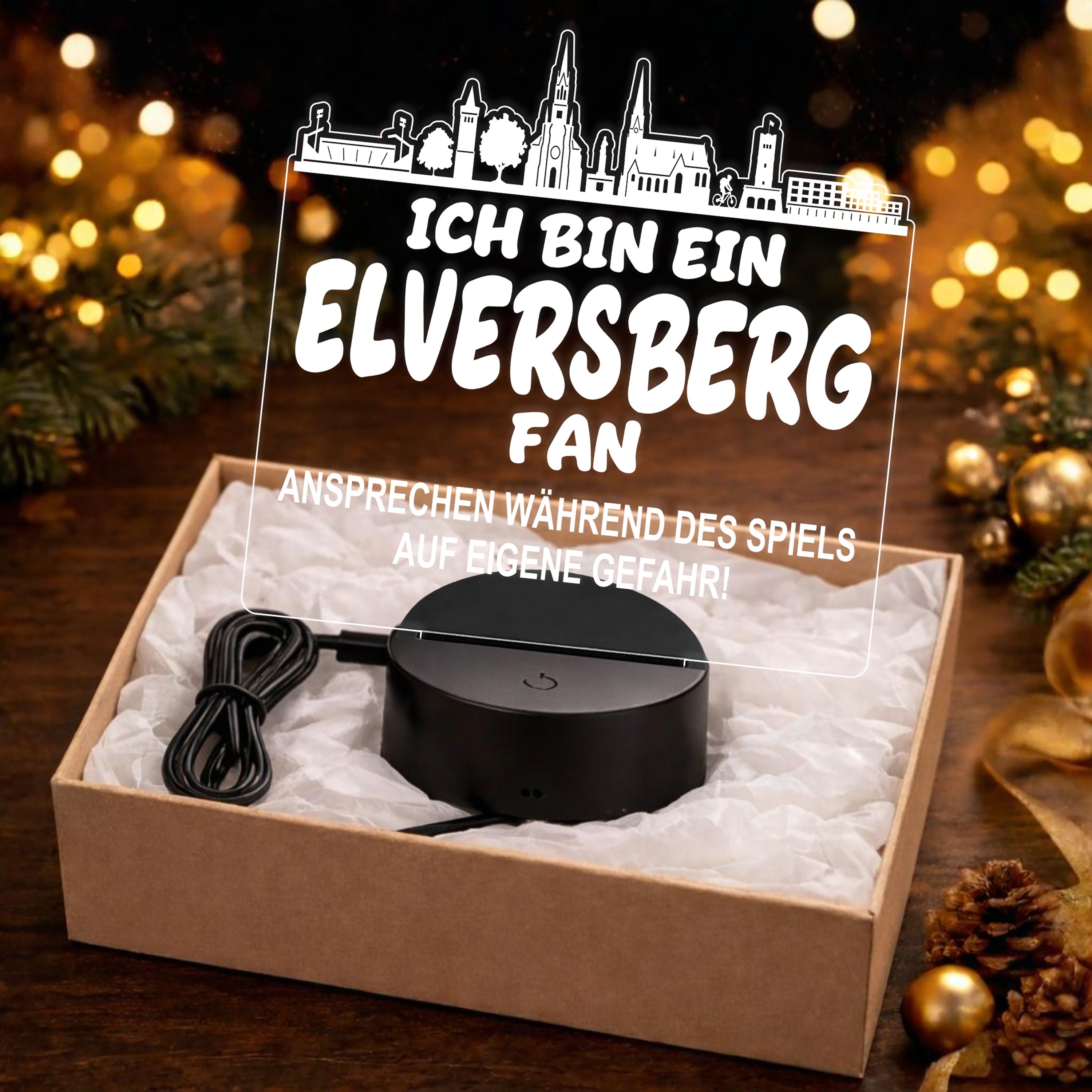 Elversberg Fan Fußball LED Nachtlicht – 3D Skyline Design „Ansprechen auf eigene Gefahr“ – RGB Farbwechsel mit Fernbedienung & Touch – Stimmungslicht für die Man Cave – 19x23cm