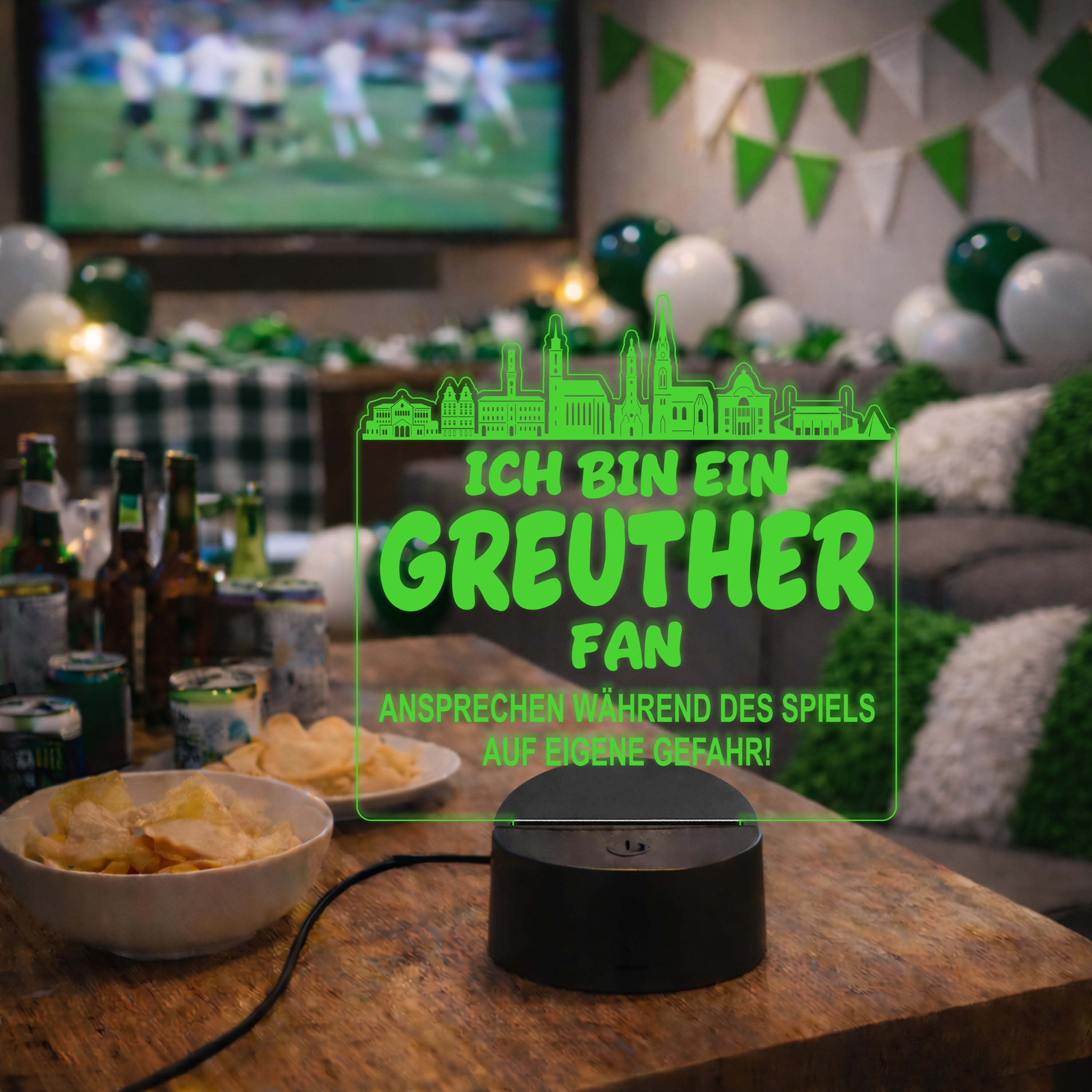 Greuther Fan Fußball LED Nachtlicht – 3D Skyline Design „Ansprechen auf eigene Gefahr“ – RGB Farbwechsel mit Fernbedienung & Touch – Stimmungslicht für die Man Cave – 19x23cm