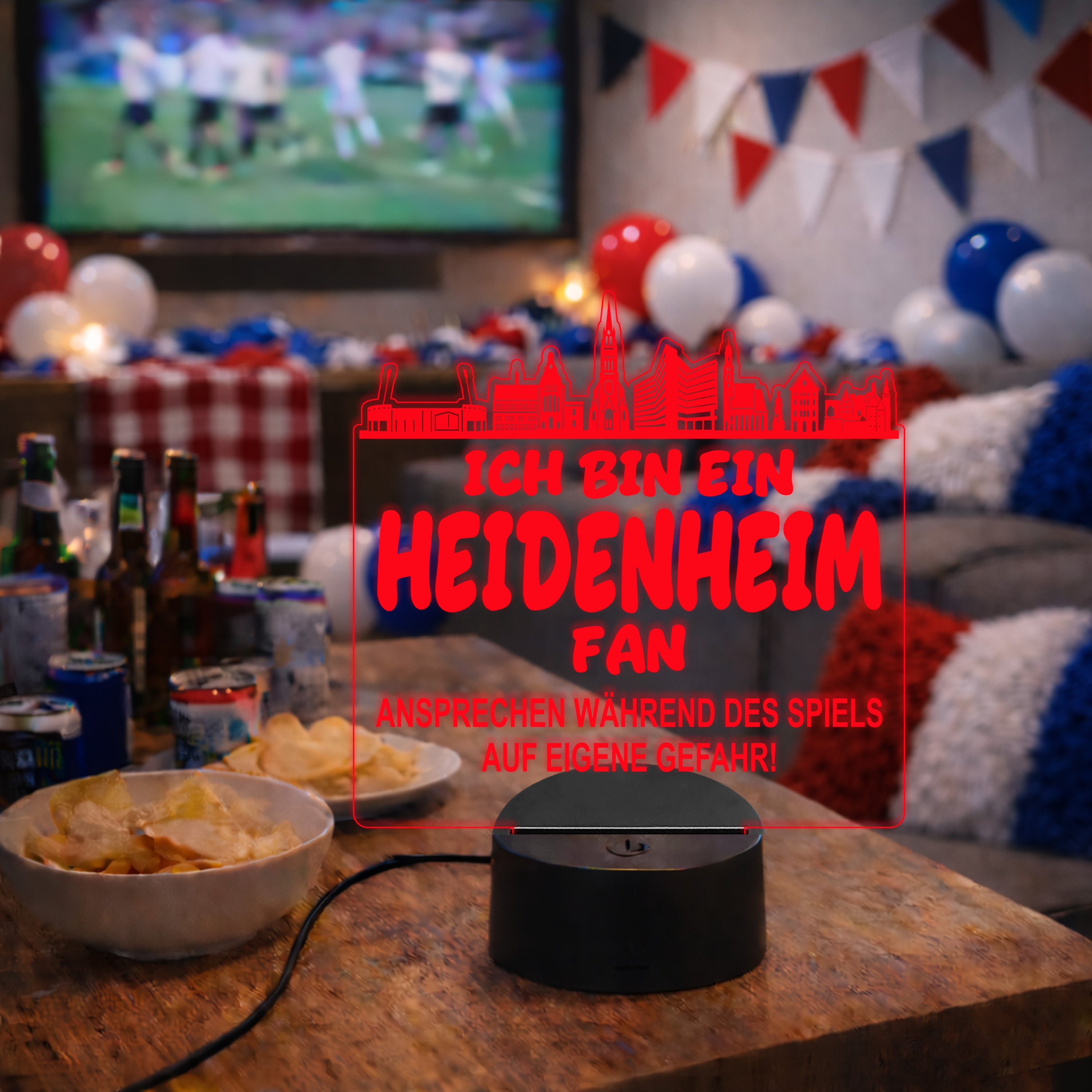 Heidenheim Fan Fußball LED Nachtlicht – 3D Skyline Design „Ansprechen auf eigene Gefahr“ – RGB Farbwechsel mit Fernbedienung & Touch – Stimmungslicht für die Man Cave – 19x23cm