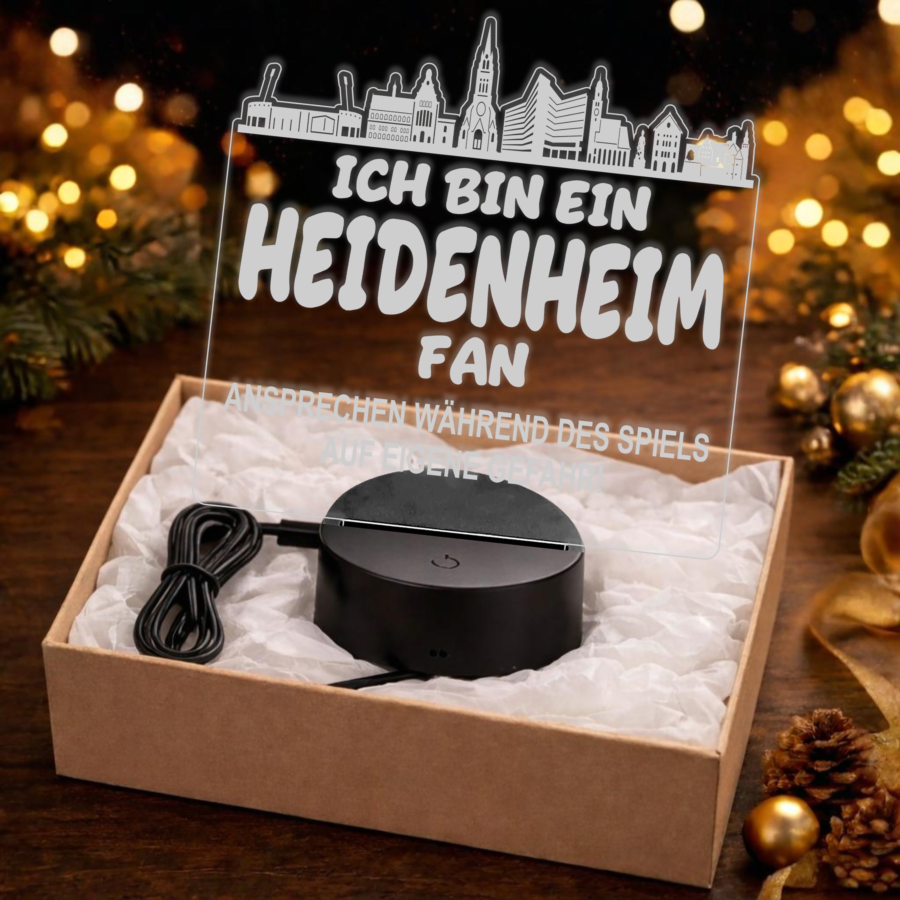 Heidenheim Fan Fußball LED Nachtlicht – 3D Skyline Design „Ansprechen auf eigene Gefahr“ – RGB Farbwechsel mit Fernbedienung & Touch – Stimmungslicht für die Man Cave – 19x23cm