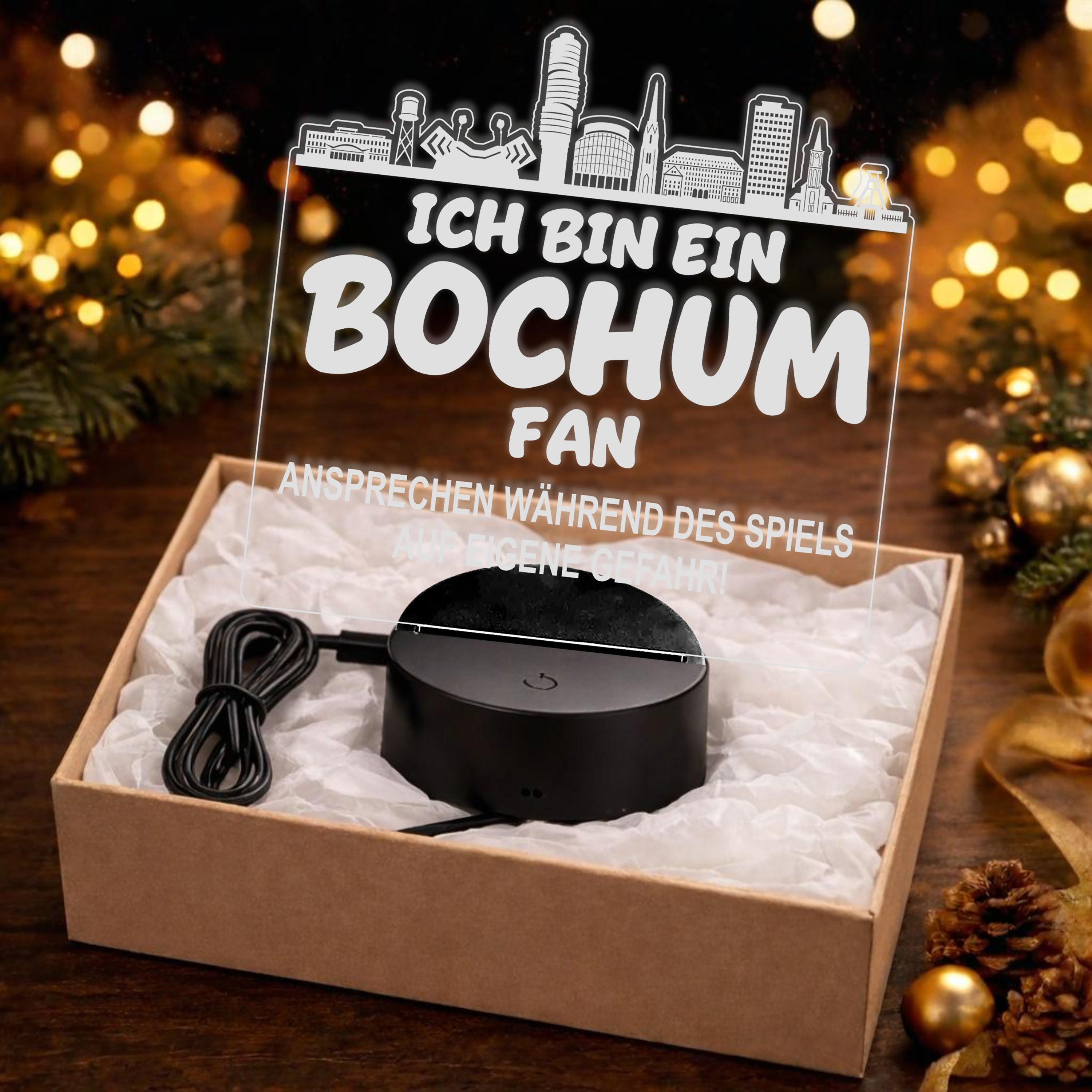 Bochum Fan Fußball LED Nachtlicht – 3D Skyline Design „Ansprechen auf eigene Gefahr“ – RGB Farbwechsel mit Fernbedienung & Touch – Stimmungslicht für die Man Cave – 19x23cm