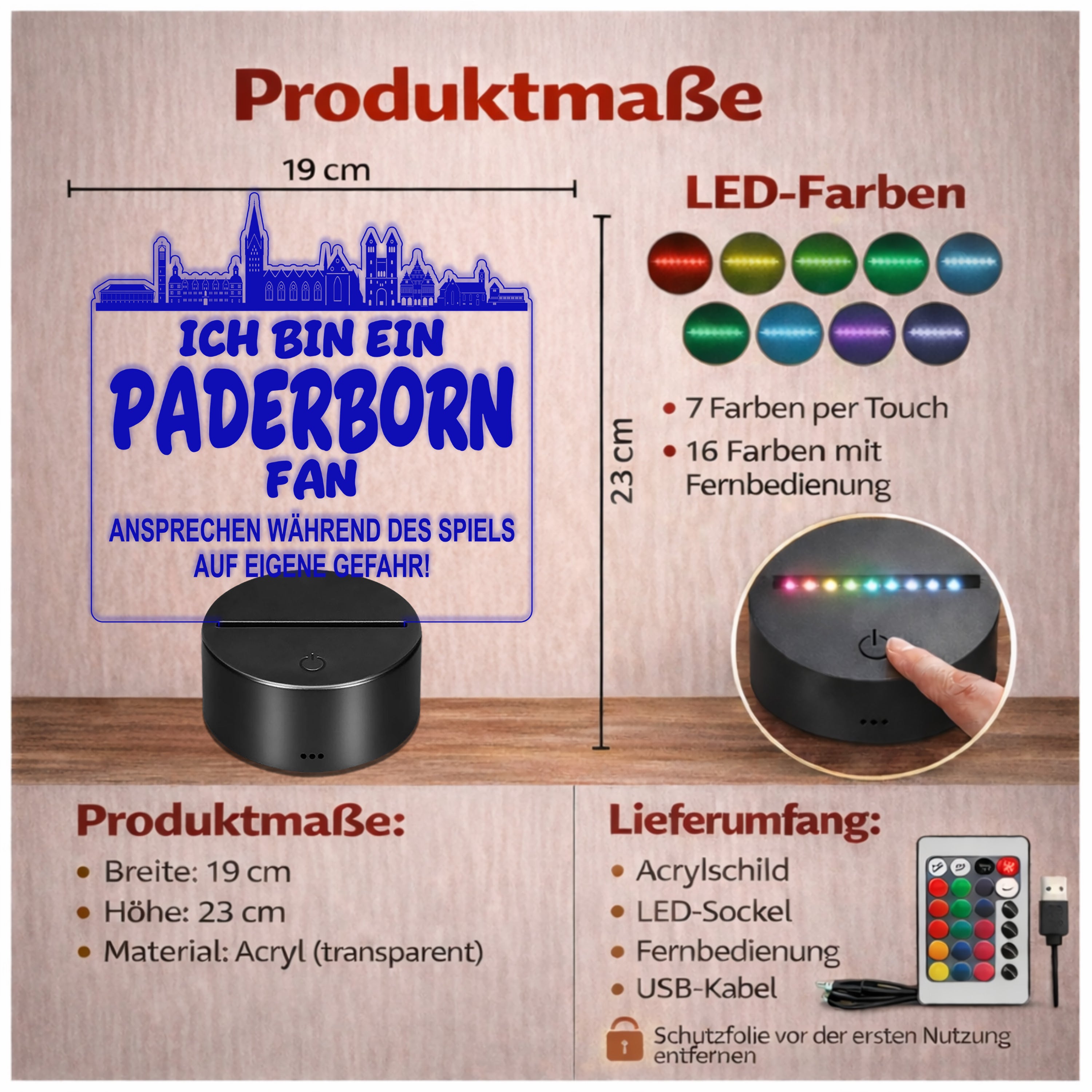 Paderborn Fan Fußball LED Nachtlicht – 3D Skyline Design „Ansprechen auf eigene Gefahr“ – RGB Farbwechsel mit Fernbedienung & Touch – Stimmungslicht für die Man Cave – 19x23cm