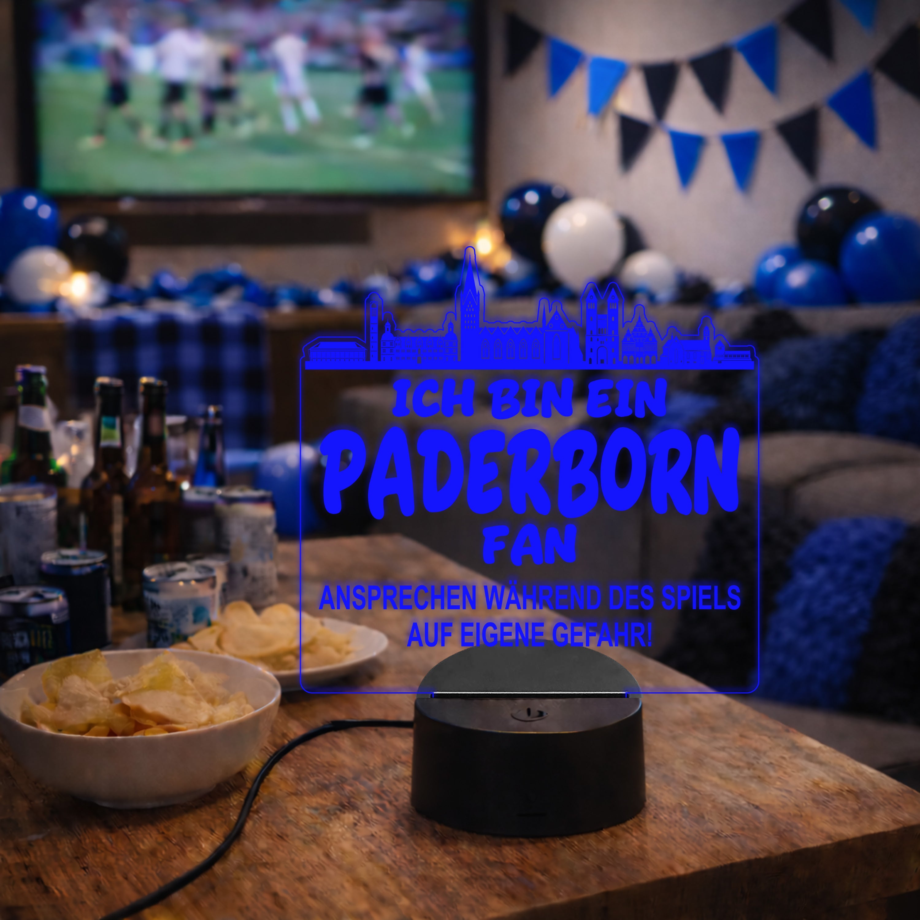Paderborn Fan Fußball LED Nachtlicht – 3D Skyline Design „Ansprechen auf eigene Gefahr“ – RGB Farbwechsel mit Fernbedienung & Touch – Stimmungslicht für die Man Cave – 19x23cm