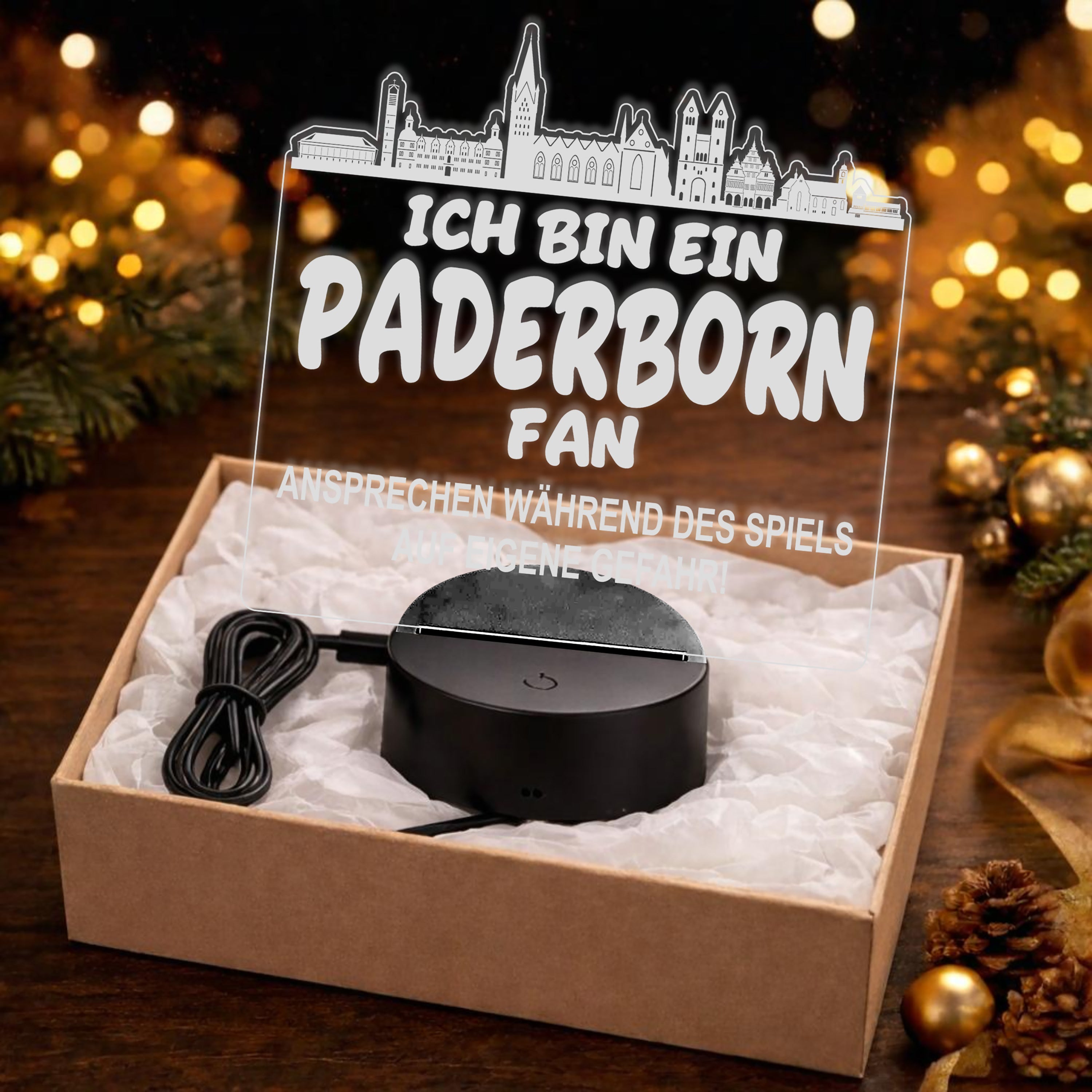 Paderborn Fan Fußball LED Nachtlicht – 3D Skyline Design „Ansprechen auf eigene Gefahr“ – RGB Farbwechsel mit Fernbedienung & Touch – Stimmungslicht für die Man Cave – 19x23cm