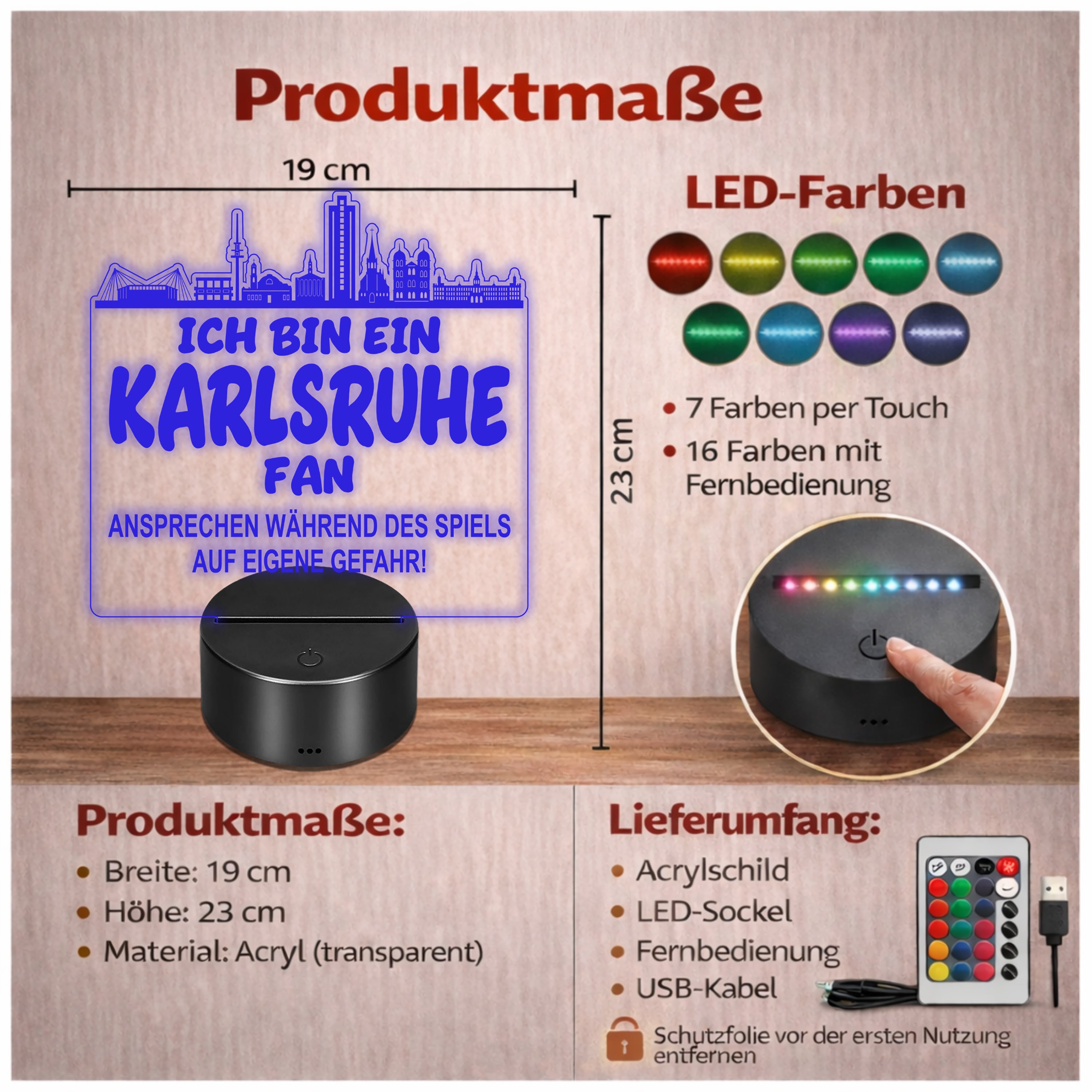 Karlsruhe Fan Fußball LED Nachtlicht – 3D Skyline Design „Ansprechen auf eigene Gefahr“ – RGB Farbwechsel mit Fernbedienung & Touch – Stimmungslicht für die Man Cave – 19x23cm
