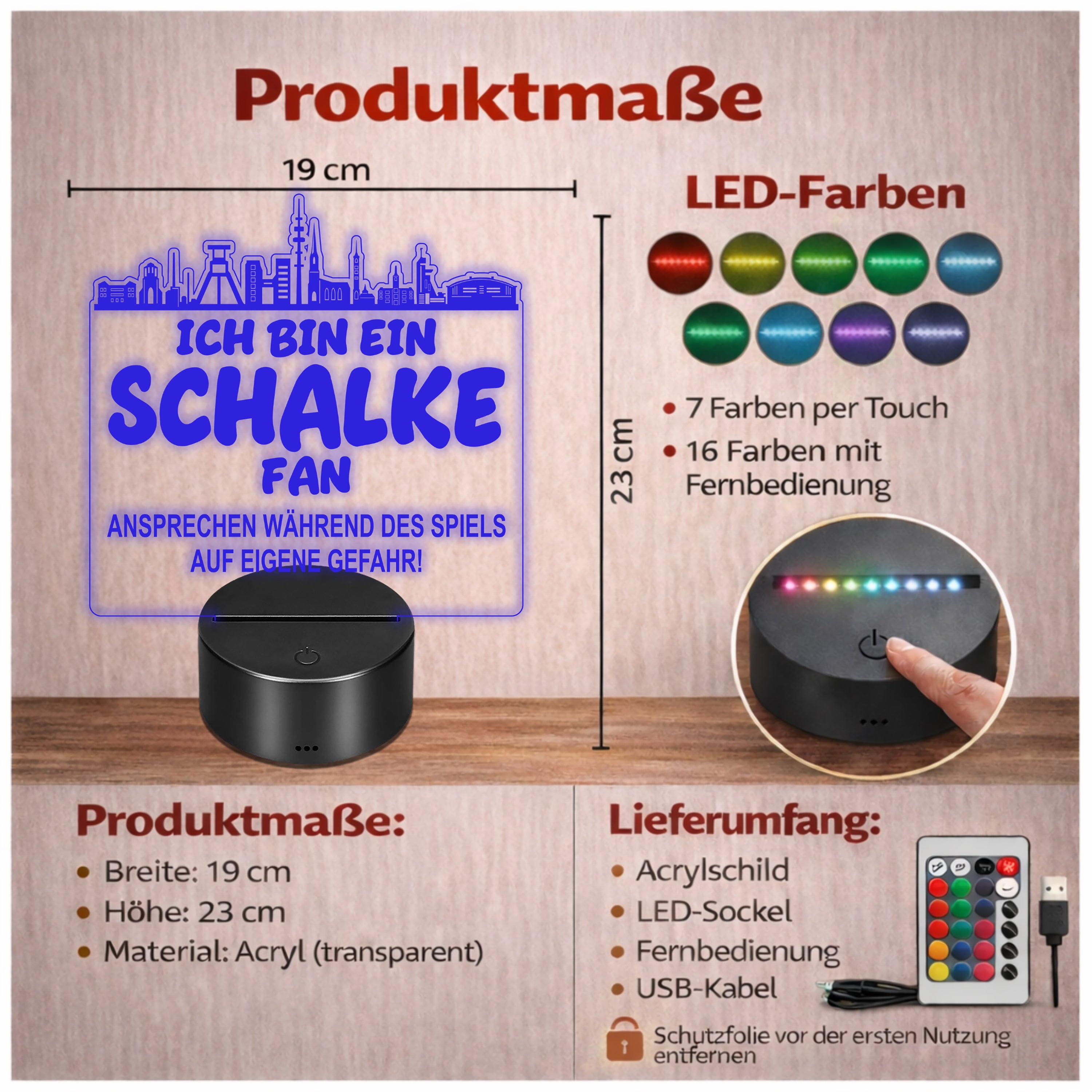Schalke Fan Fußball LED Nachtlicht – 3D Skyline Design „Ansprechen auf eigene Gefahr“ – RGB Farbwechsel mit Fernbedienung & Touch – Stimmungslicht für die Man Cave – 19x23cm