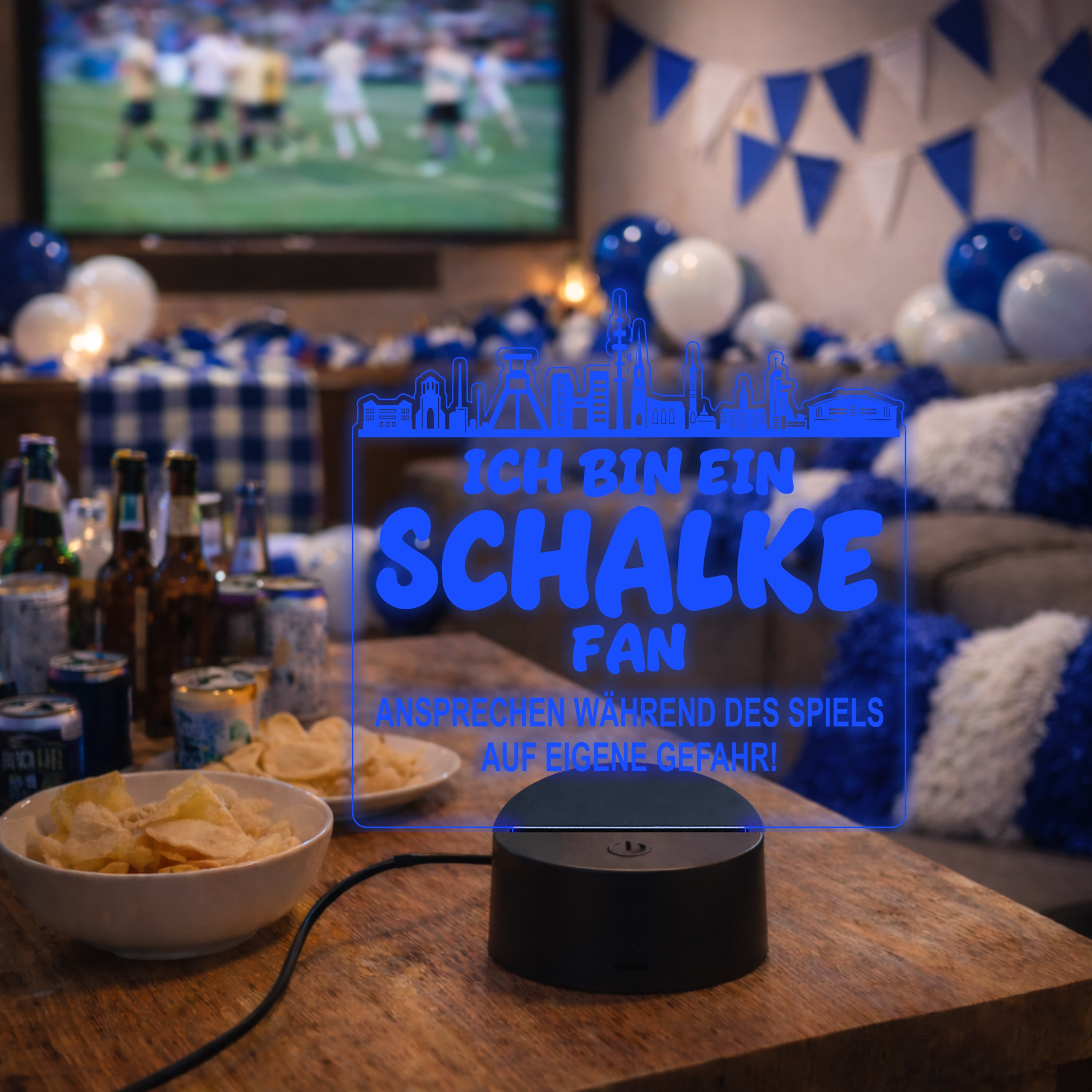 Schalke Fan Fußball LED Nachtlicht – 3D Skyline Design „Ansprechen auf eigene Gefahr“ – RGB Farbwechsel mit Fernbedienung & Touch – Stimmungslicht für die Man Cave – 19x23cm