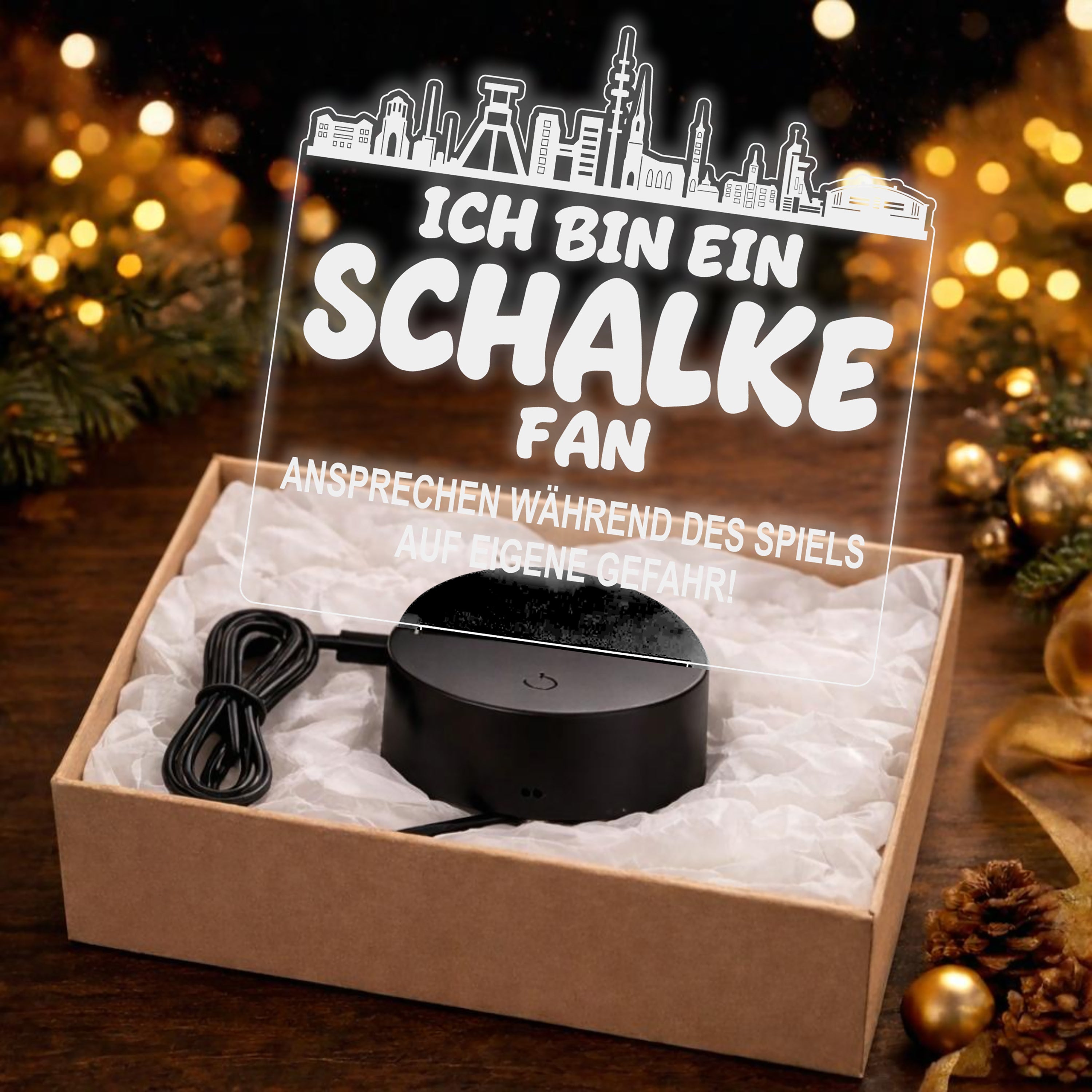 Schalke Fan Fußball LED Nachtlicht – 3D Skyline Design „Ansprechen auf eigene Gefahr“ – RGB Farbwechsel mit Fernbedienung & Touch – Stimmungslicht für die Man Cave – 19x23cm