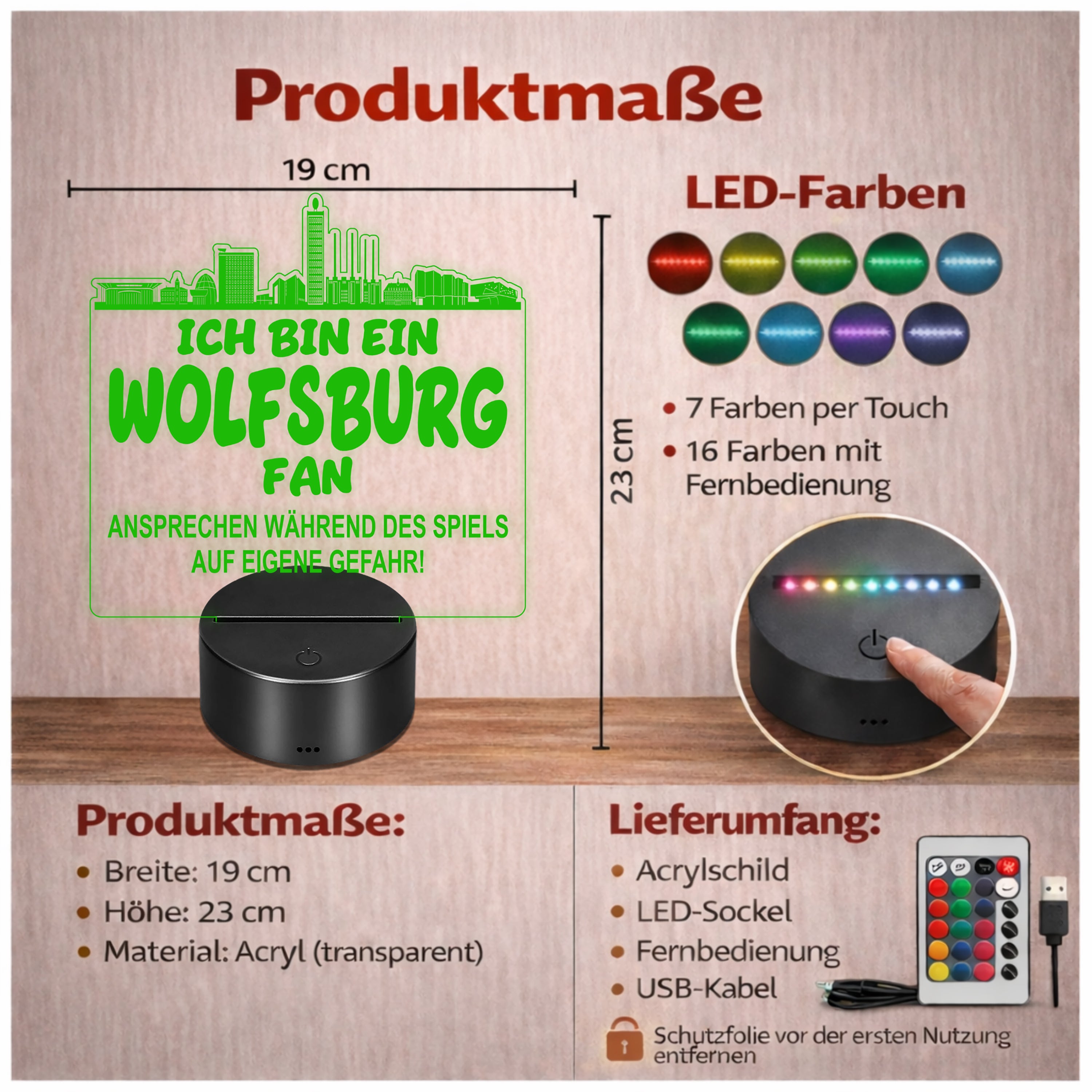 Wolfsburg Fan Fußball LED Nachtlicht – 3D Skyline Design „Ansprechen auf eigene Gefahr“ – RGB Farbwechsel mit Fernbedienung & Touch – Stimmungslicht für die Man Cave – 19x23cm