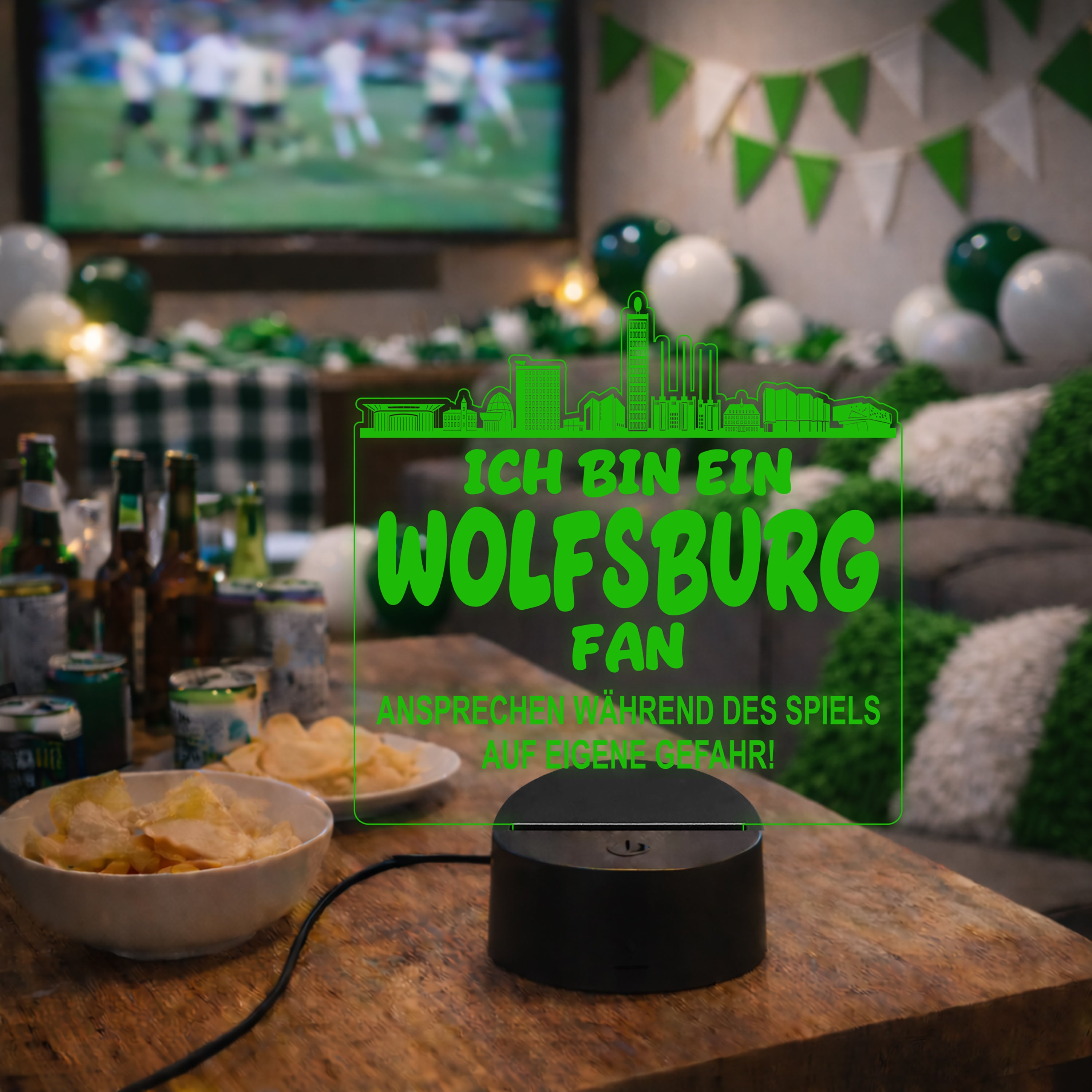 Wolfsburg Fan Fußball LED Nachtlicht – 3D Skyline Design „Ansprechen auf eigene Gefahr“ – RGB Farbwechsel mit Fernbedienung & Touch – Stimmungslicht für die Man Cave – 19x23cm