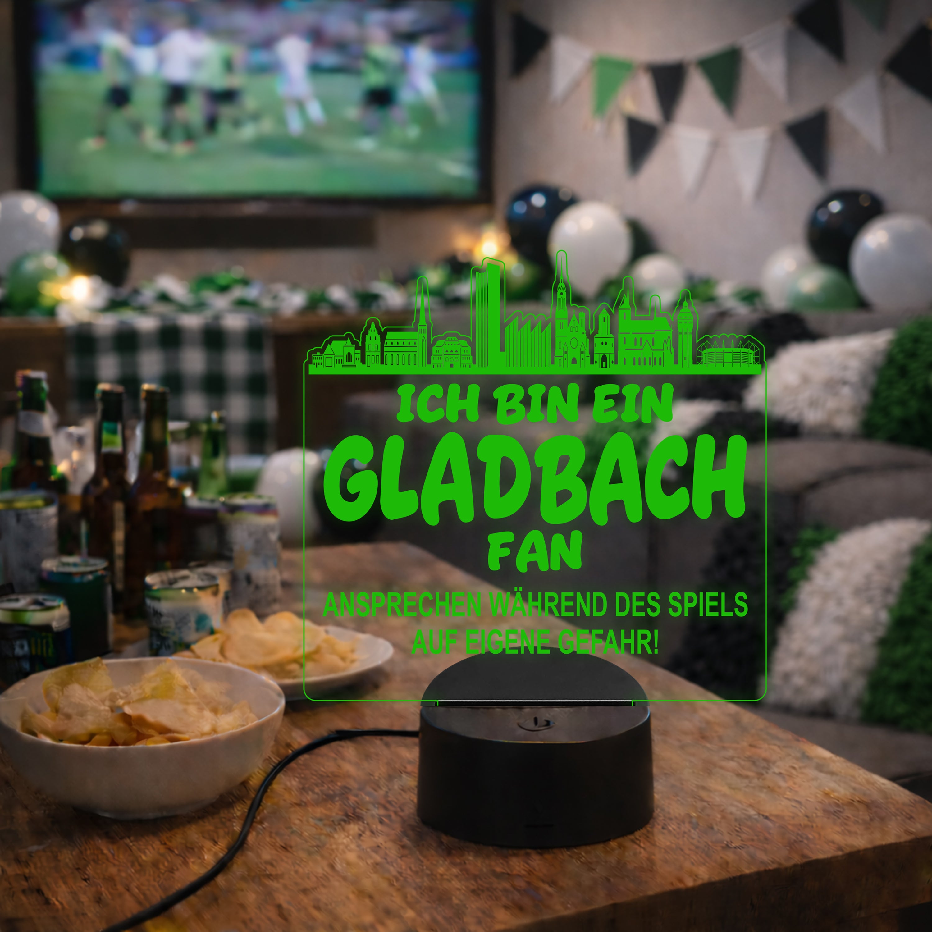 Gladbach Fan Fußball LED Nachtlicht – 3D Skyline Design „Ansprechen auf eigene Gefahr“ – RGB Farbwechsel mit Fernbedienung & Touch – Stimmungslicht für die Man Cave – 19x23cm