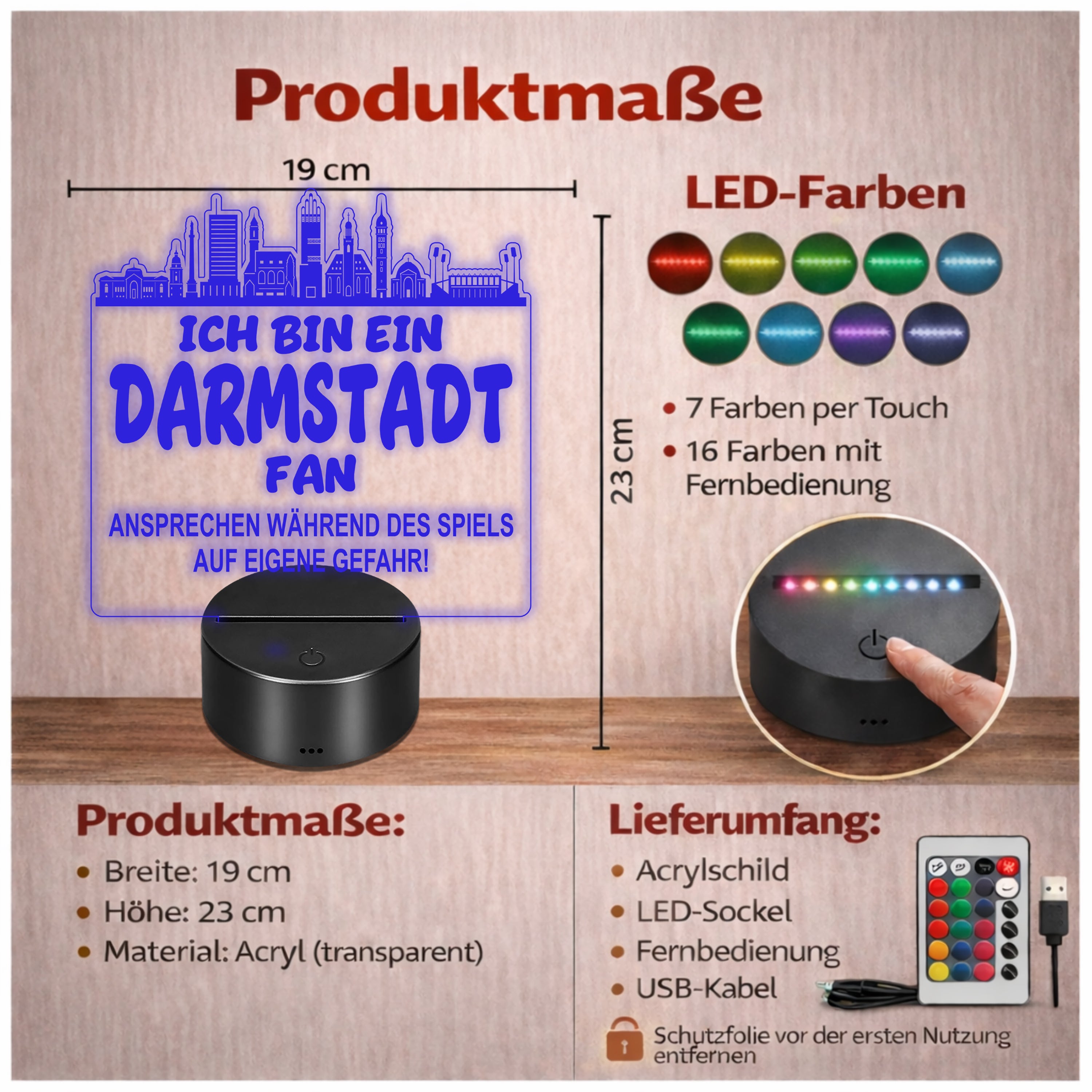 Darmstadt Fan Fußball LED Nachtlicht – 3D Skyline Design „Ansprechen auf eigene Gefahr“ – RGB Farbwechsel mit Fernbedienung & Touch – Stimmungslicht für die Man Cave – 19x23cm