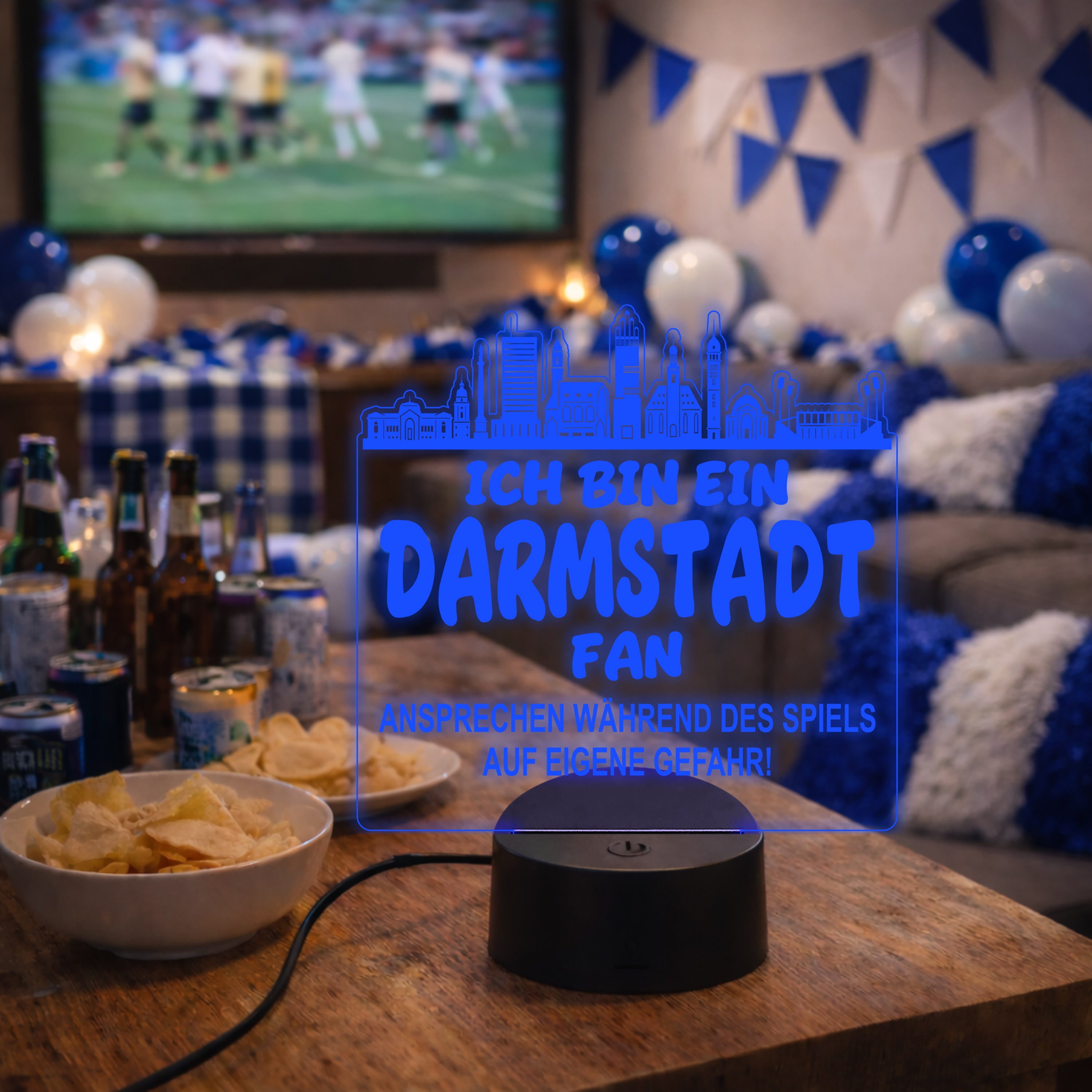 Darmstadt Fan Fußball LED Nachtlicht – 3D Skyline Design „Ansprechen auf eigene Gefahr“ – RGB Farbwechsel mit Fernbedienung & Touch – Stimmungslicht für die Man Cave – 19x23cm