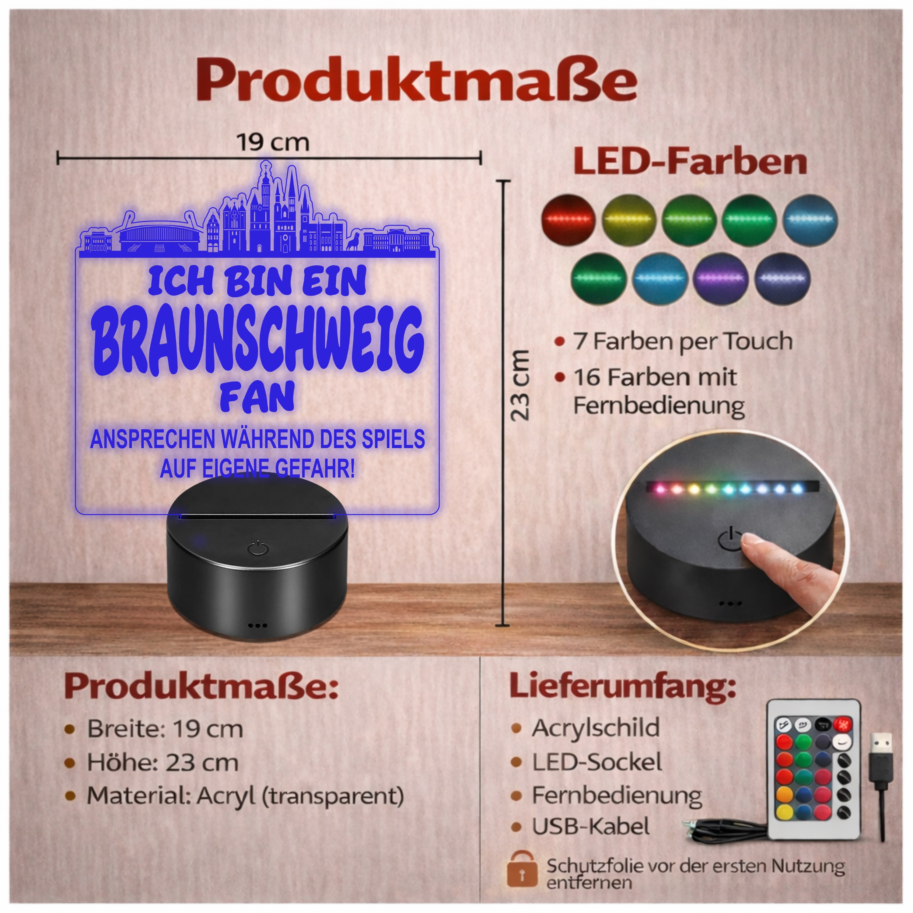 Braunschweig Fan Fußball LED Nachtlicht – 3D Skyline Design „Ansprechen auf eigene Gefahr“ – RGB Farbwechsel mit Fernbedienung & Touch – Stimmungslicht für die Man Cave – 19x23cm